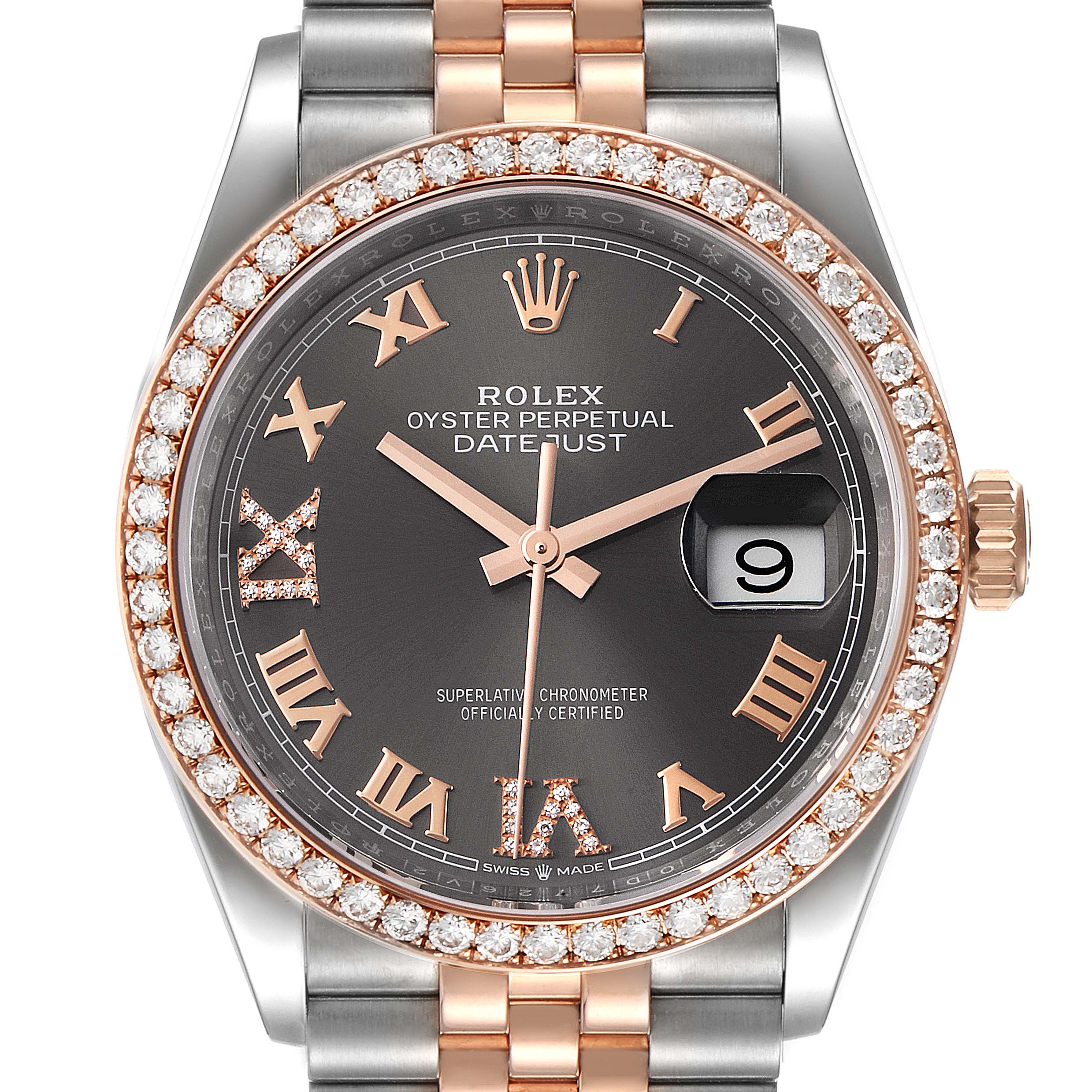 The Rolex Datejust 126281 Men
s Steel and Gold (two tone) Grey Dial 126281 Men
s Steel and Gold (two tone) Grey Dial watch is shown from a front view, displaying its dial, diamond bezel, hands, date window, and two-tone bracelet.