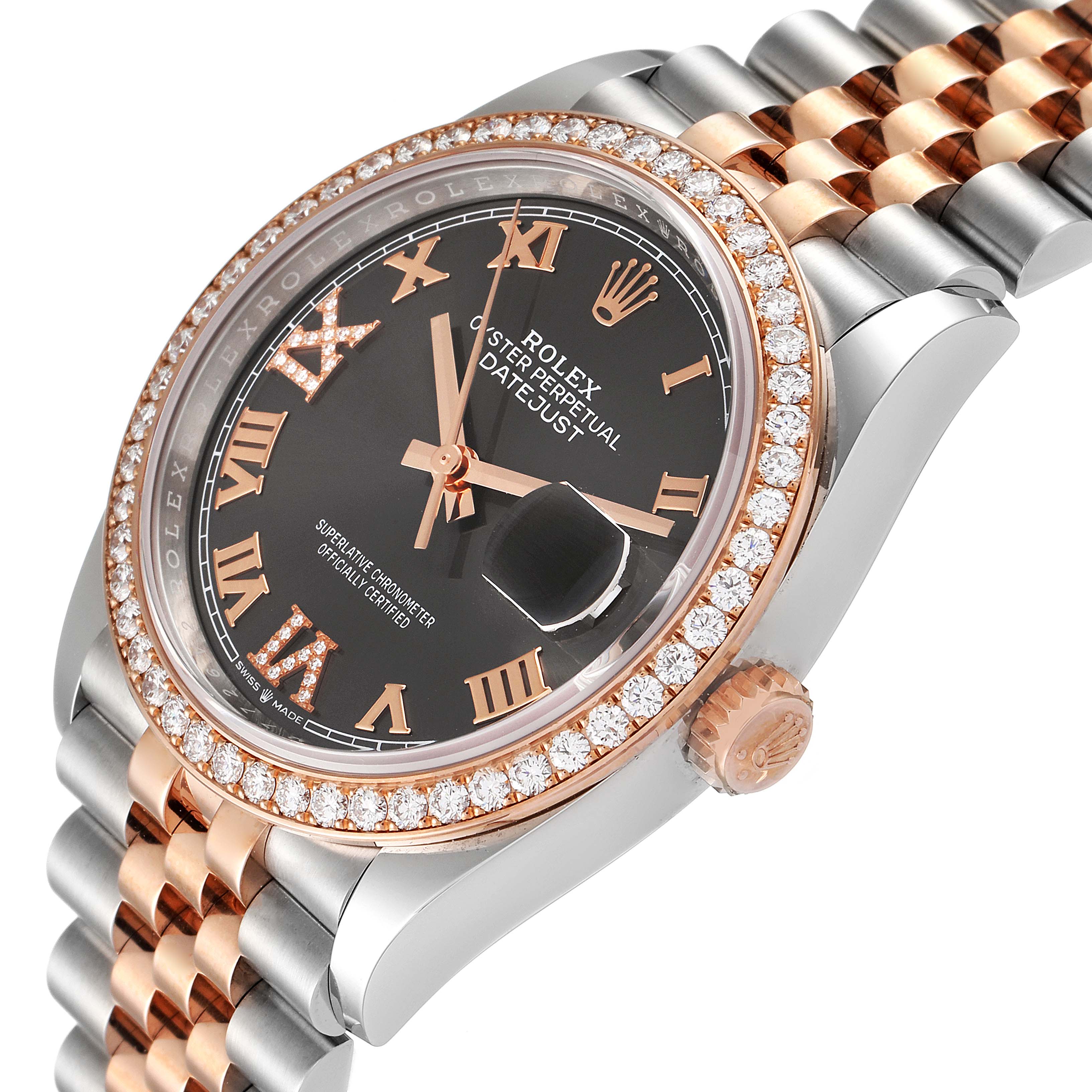 The image shows a Rolex Datejust 126281 Men
s Steel and Gold (two tone) Grey Dial 126281 Men
s Steel and Gold (two tone) Grey Dial watch from a slight angle, focusing on the dial, bezel, and part of the bracelet.