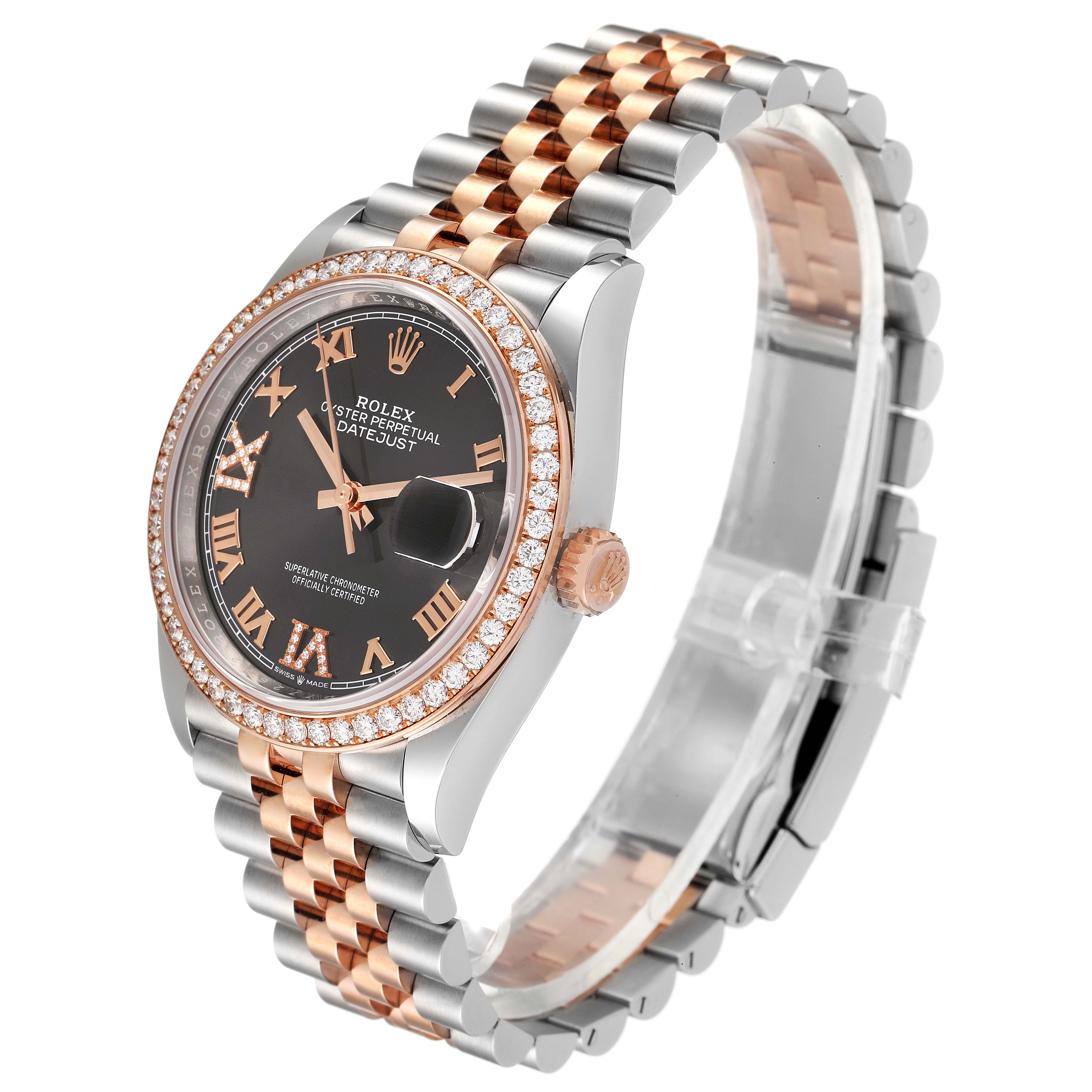 This image shows a Rolex Datejust 126281 Men
s Steel and Gold (two tone) Grey Dial 126281 Men
s Steel and Gold (two tone) Grey Dial watch at a three-quarter angle, featuring its dial, bezel, crown, and Jubilee bracelet.