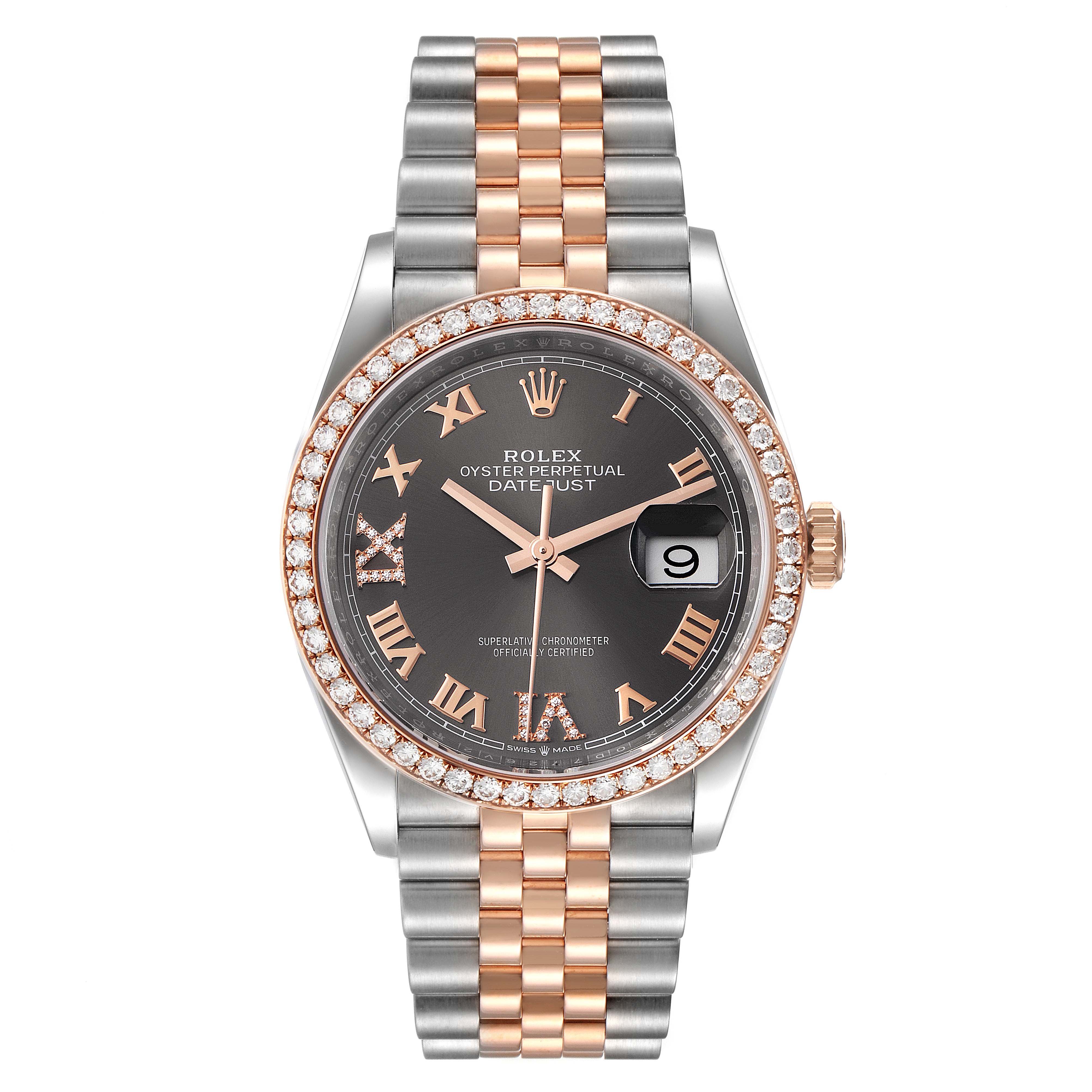 The Rolex Datejust 126281 Men
s Steel and Gold (two tone) Grey Dial 126281 Men
s Steel and Gold (two tone) Grey Dial watch is shown from the front, displaying its face, case, bezel, and bracelet.