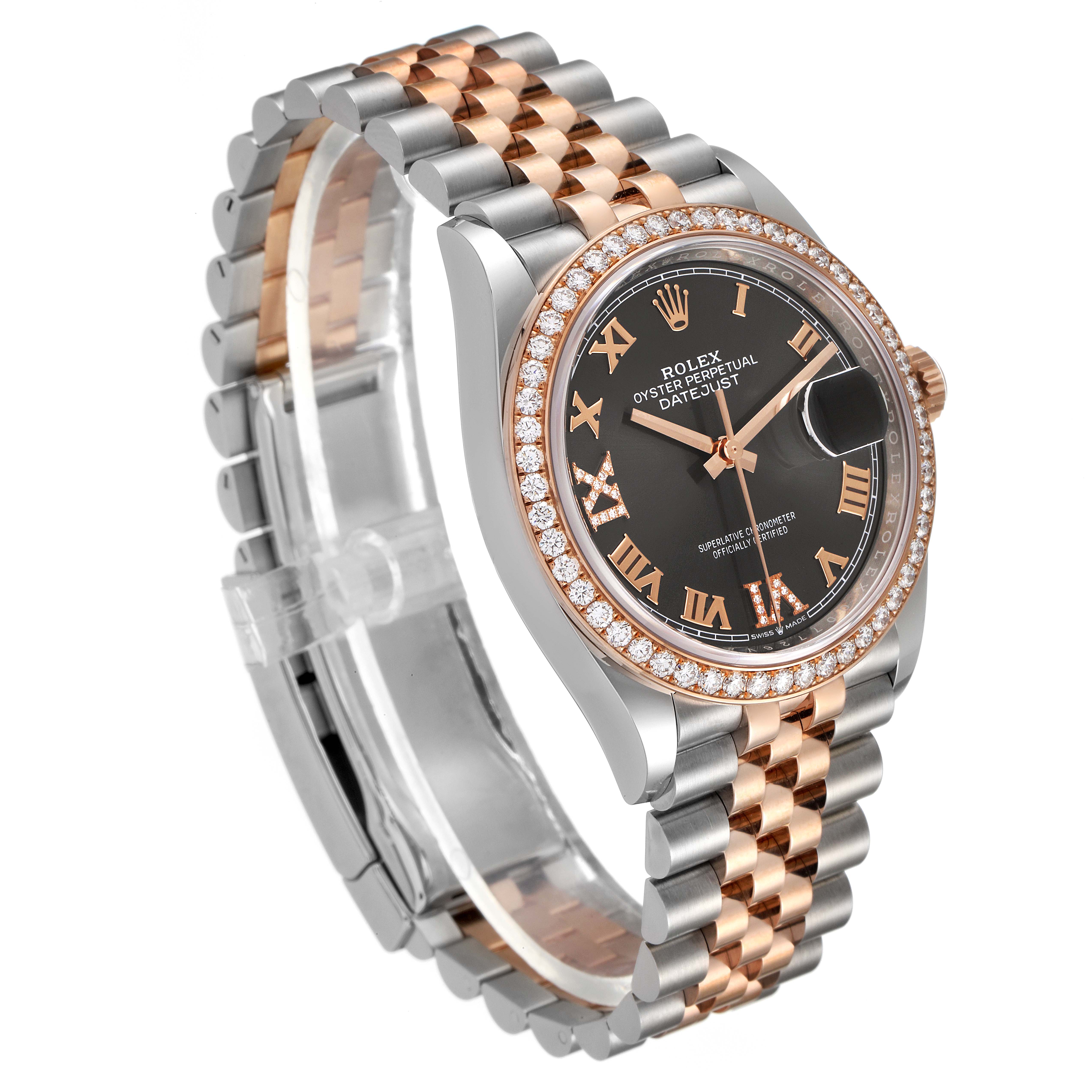 This image shows a side angle of the Rolex Datejust 126281 Men
s Steel and Gold (two tone) Grey Dial 126281 Men
s Steel and Gold (two tone) Grey Dial watch, highlighting the dial, bezel, and two-tone bracelet.