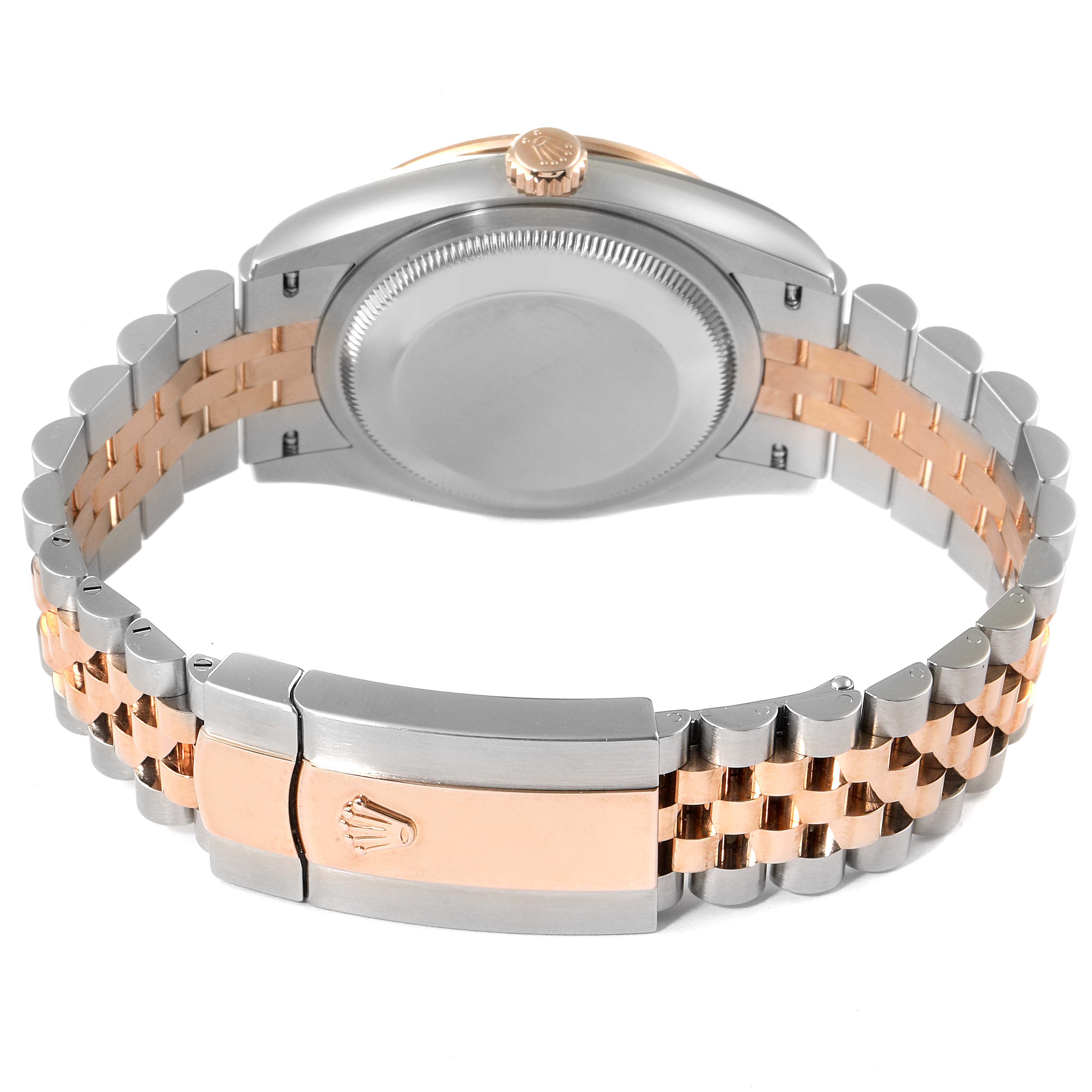 This image shows the back case, crown, and bracelet clasp of a Rolex Datejust 126281 Men
s Steel and Gold (two tone) Grey Dial 126281 Men
s Steel and Gold (two tone) Grey Dial watch in a two-tone design.