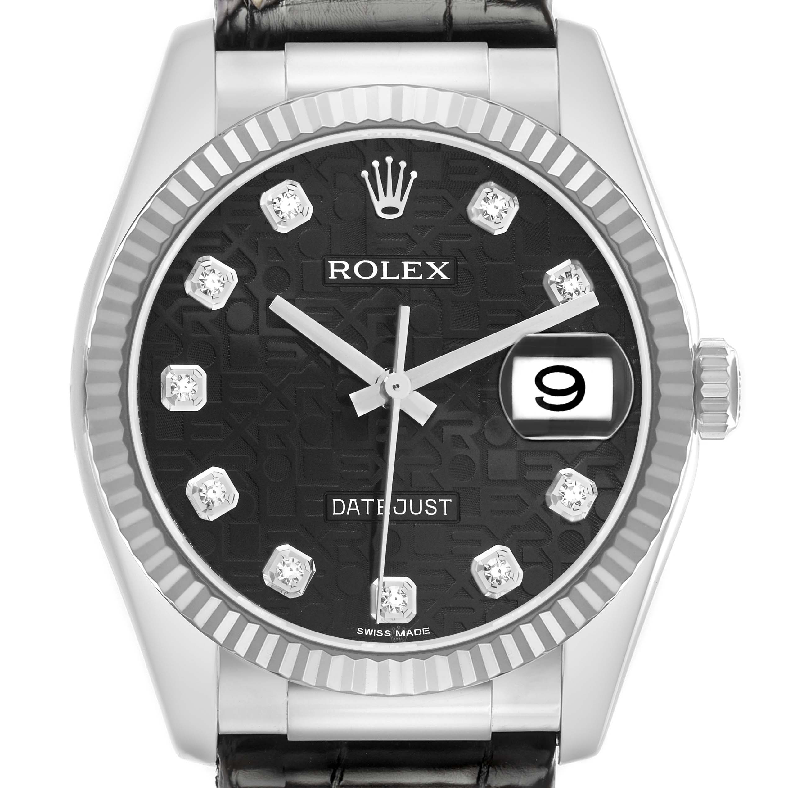 The Rolex Datejust 116139 Men
s White Gold Black Dial watch is shown from a front angle, displaying the dial, bezel, hands, and date window.
