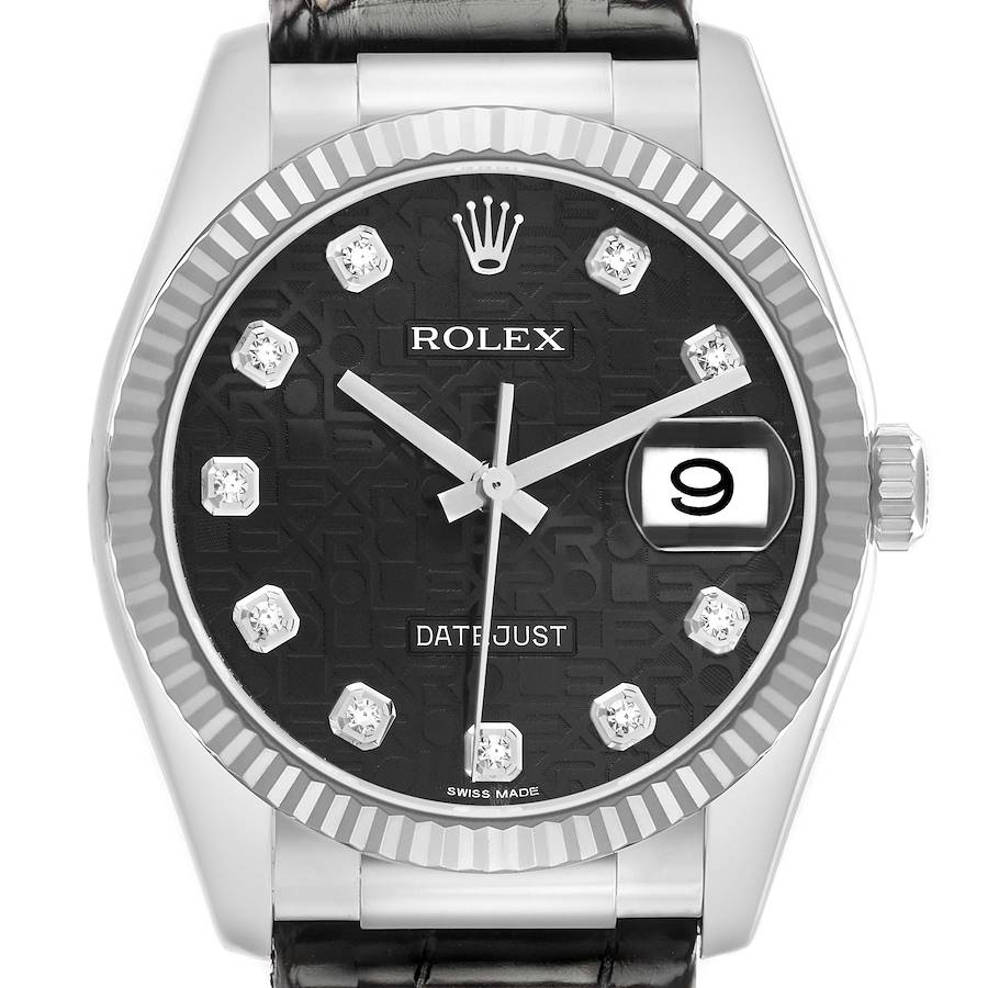 The Rolex Datejust 116139 Men's White Gold Black Dial watch is shown from a front angle, displaying the dial, bezel, hands, and date window.