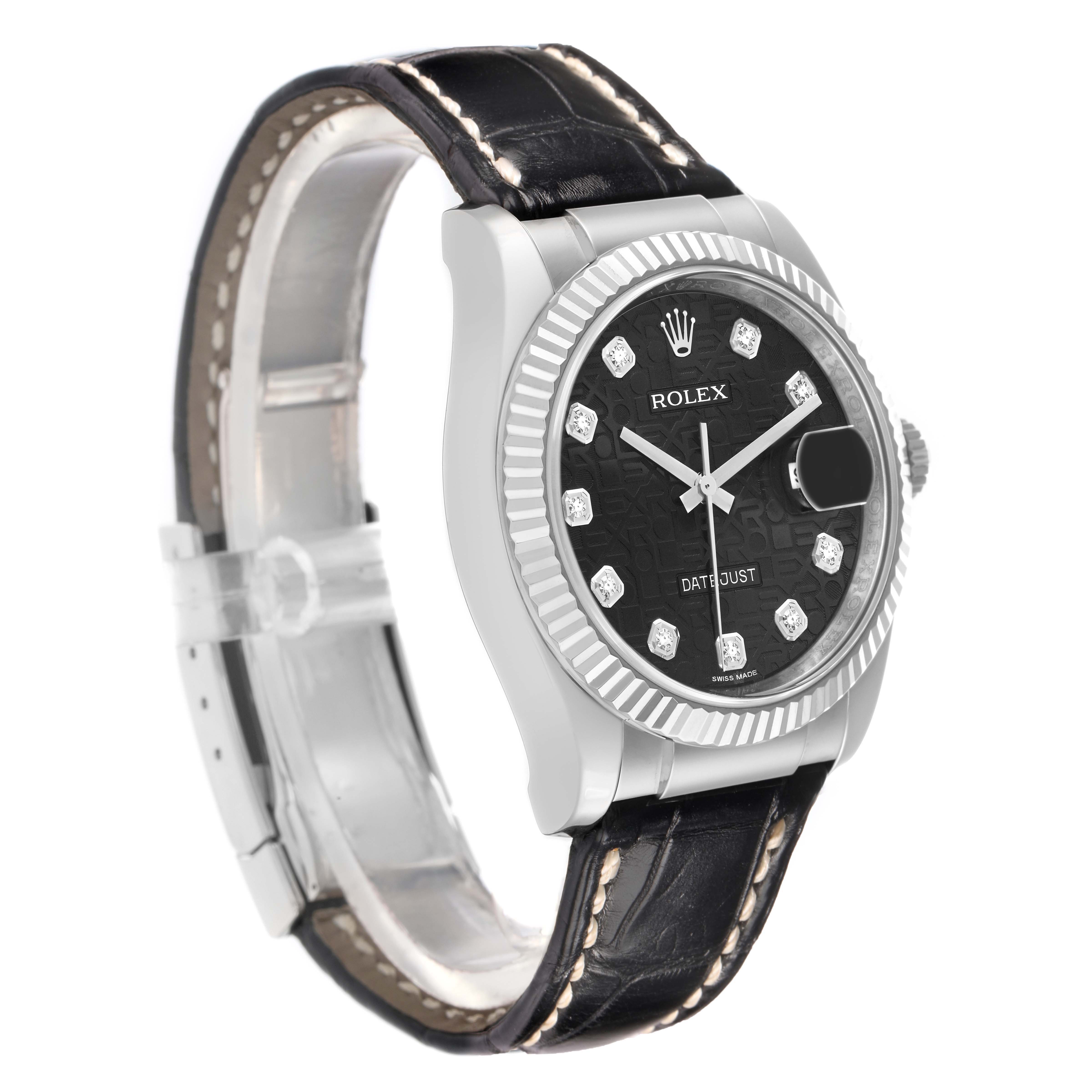 The image shows a side and front view of a Rolex Datejust 116139 Men
s White Gold Black Dial watch, highlighting the face, bezel, and leather strap.
