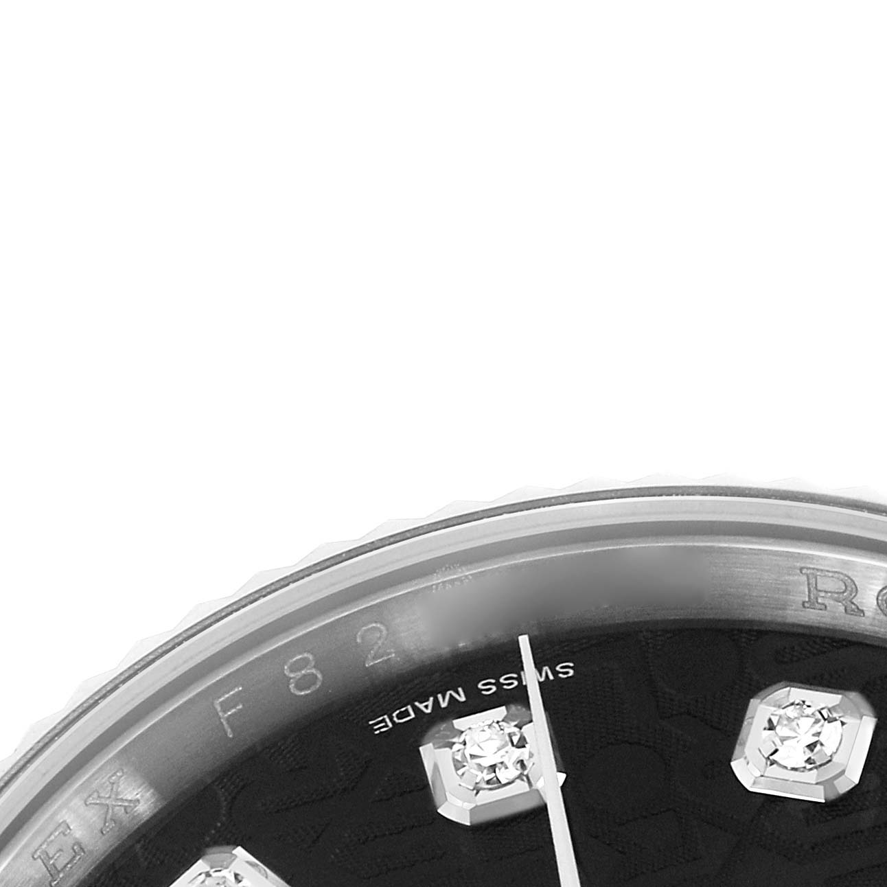 The image shows a close-up of the dial and bezel with diamond markers on the Rolex Datejust 116139 Men
s White Gold Black Dial watch.