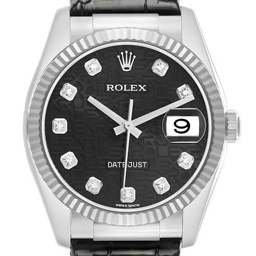 The Rolex Datejust 116139 Men's White Gold Black Dial watch is shown from the front, displaying its dial, hands, bezel, crown, and part of the strap.