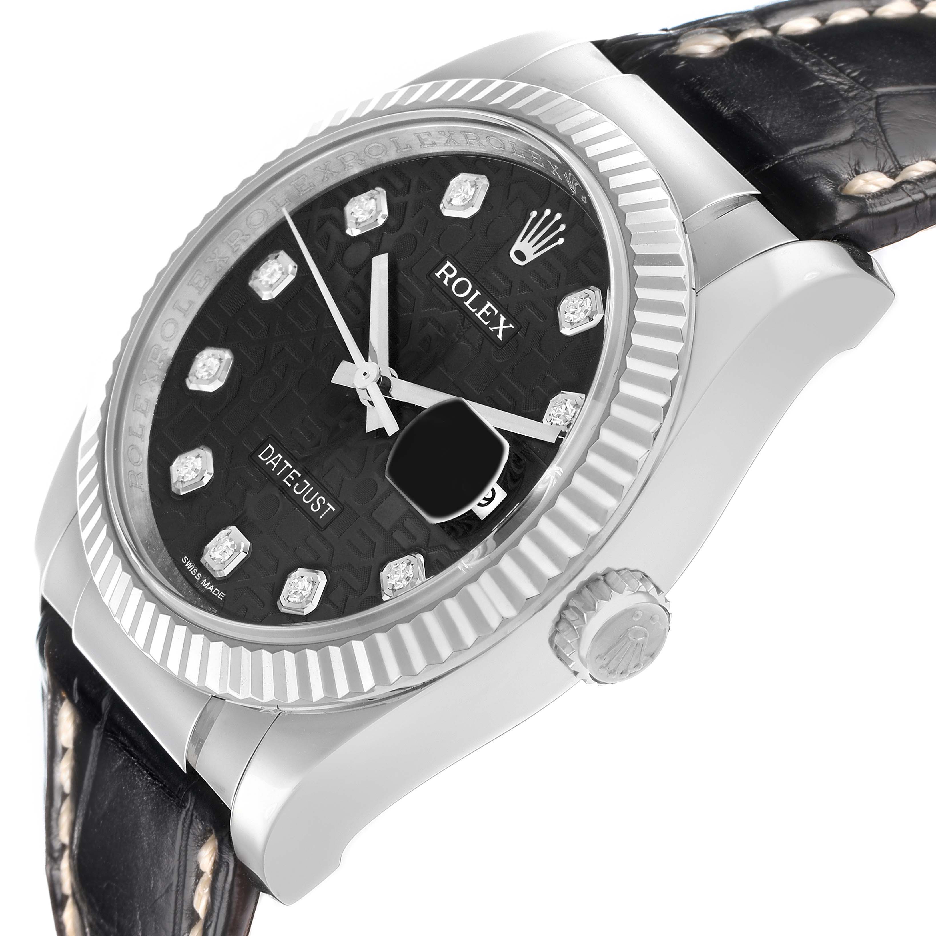 The Rolex Datejust 116139 Men
s White Gold Black Dial watch is angled to show the dial, bezel, crown, and part of the leather strap.
