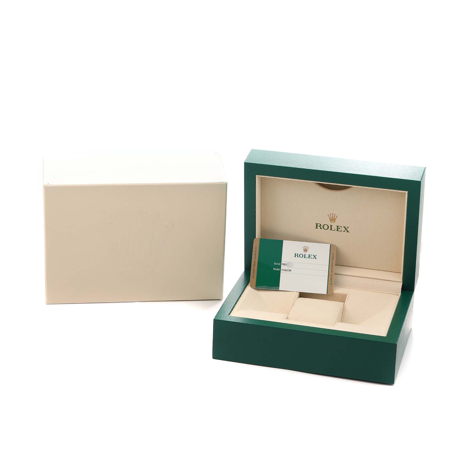 The image shows a green Rolex Datejust 116139 Men
s White Gold Black Dial watch box, open with certificates, alongside a closed beige outer box.