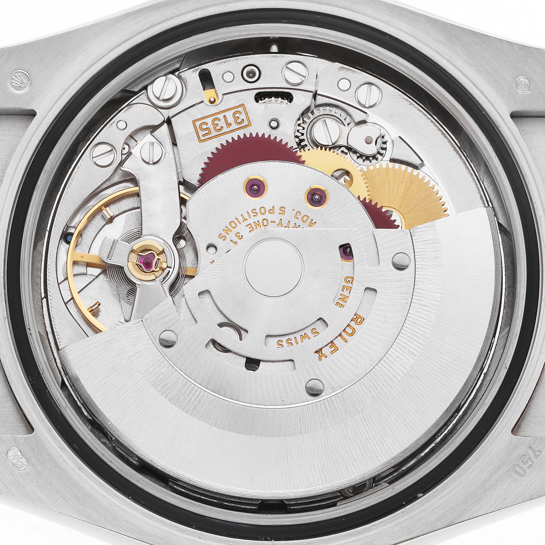 This image shows the movement of a Rolex Datejust 116139 Men
s White Gold Black Dial, viewed from the back, highlighting the rotor, gears, and balance wheel.