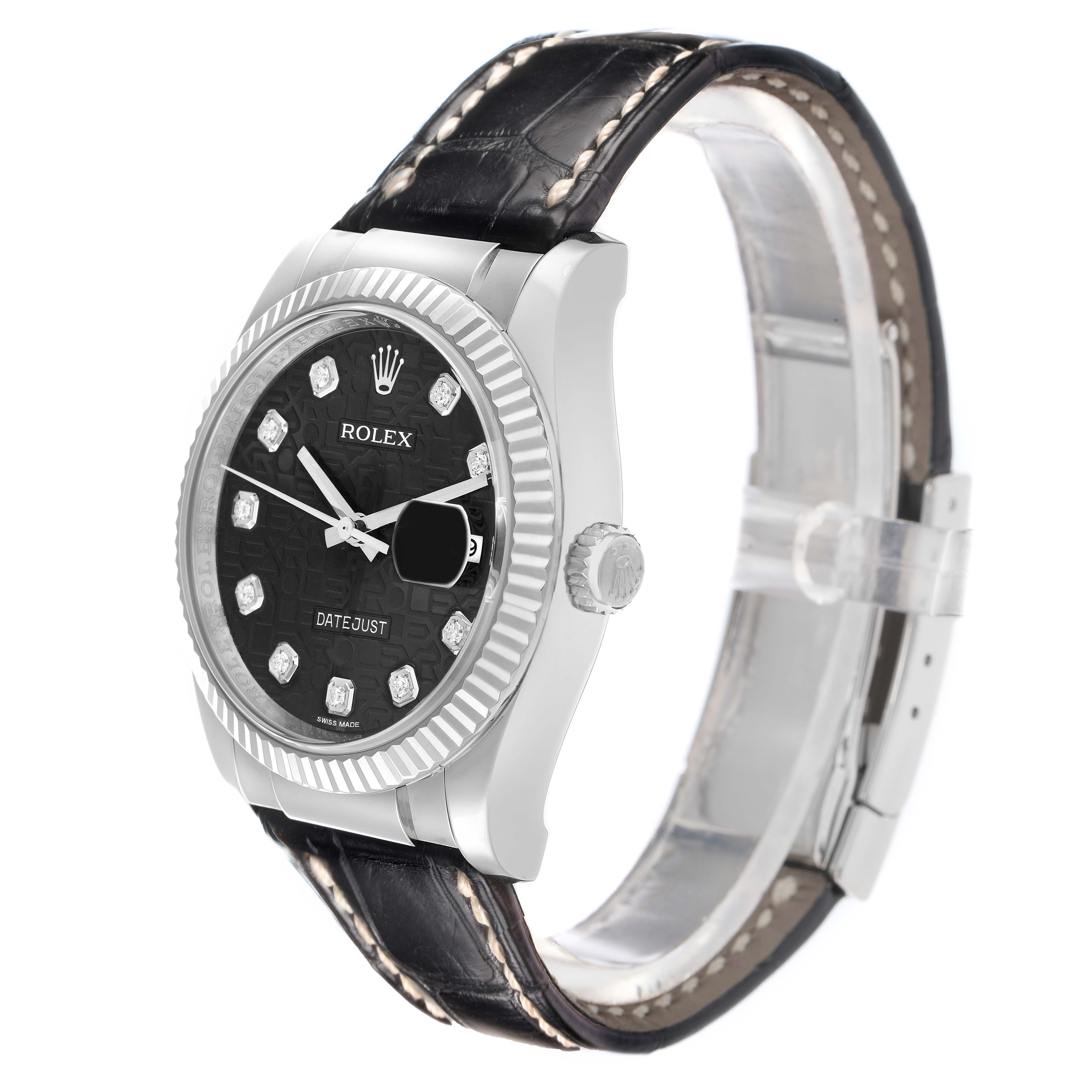 The Rolex Datejust 116139 Men
s White Gold Black Dial watch is shown at a slight side angle, highlighting the face, bezel, crown, and leather strap.