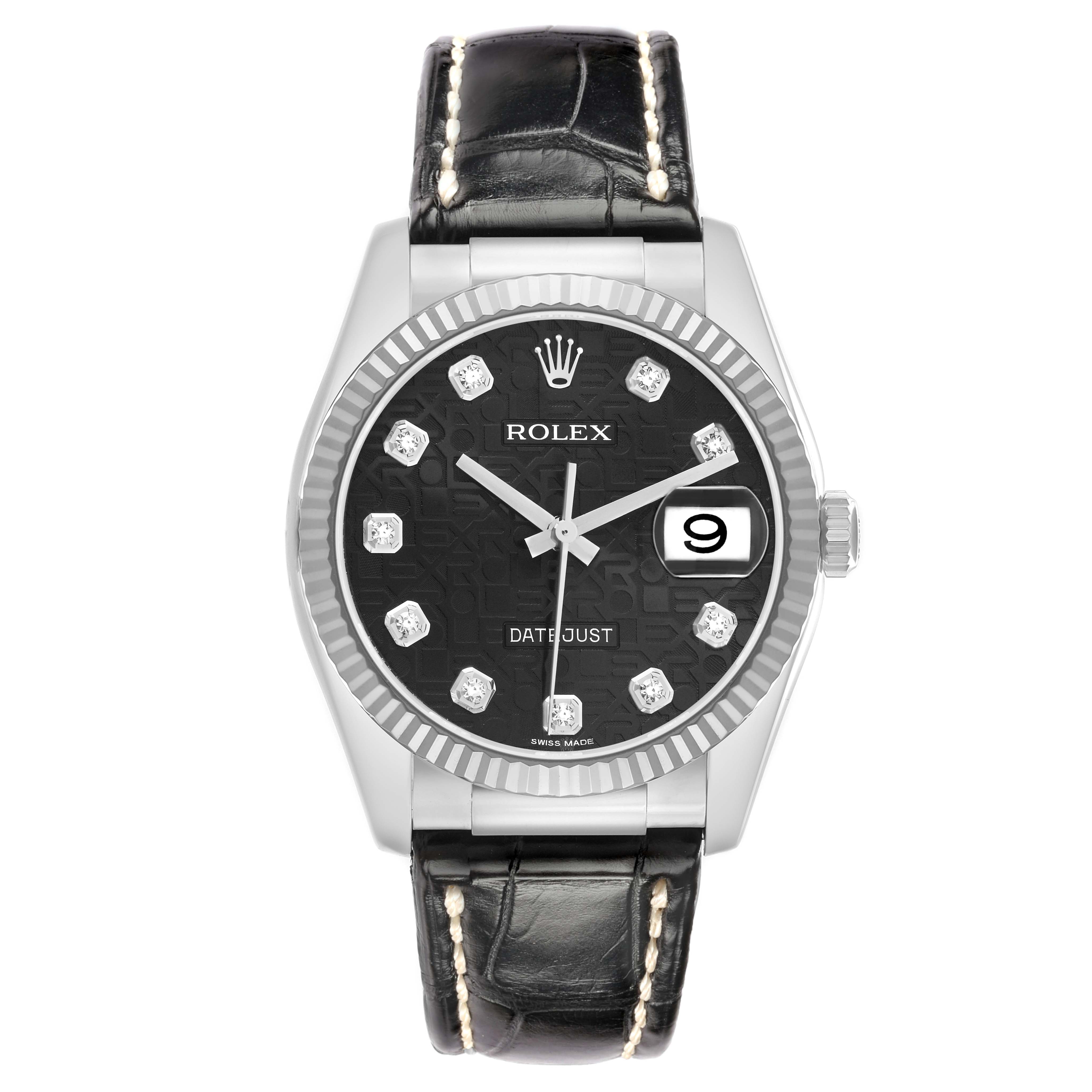 The Rolex Datejust 116139 Men
s White Gold Black Dial watch is shown from a top view, featuring the dial, fluted bezel, and leather strap.