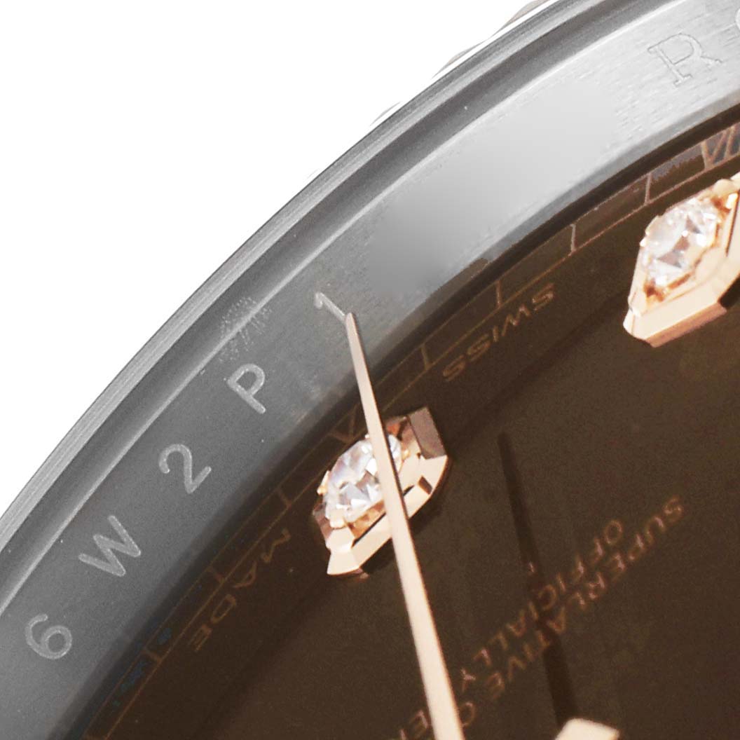 The close-up angle shows the bezel and dial details of the Rolex Datejust 41 126331 Men's Steel and Gold (two tone) Brown Dial 126331 Men's Steel and Gold (two tone) Brown Dial model, including diamonds and the lettering.