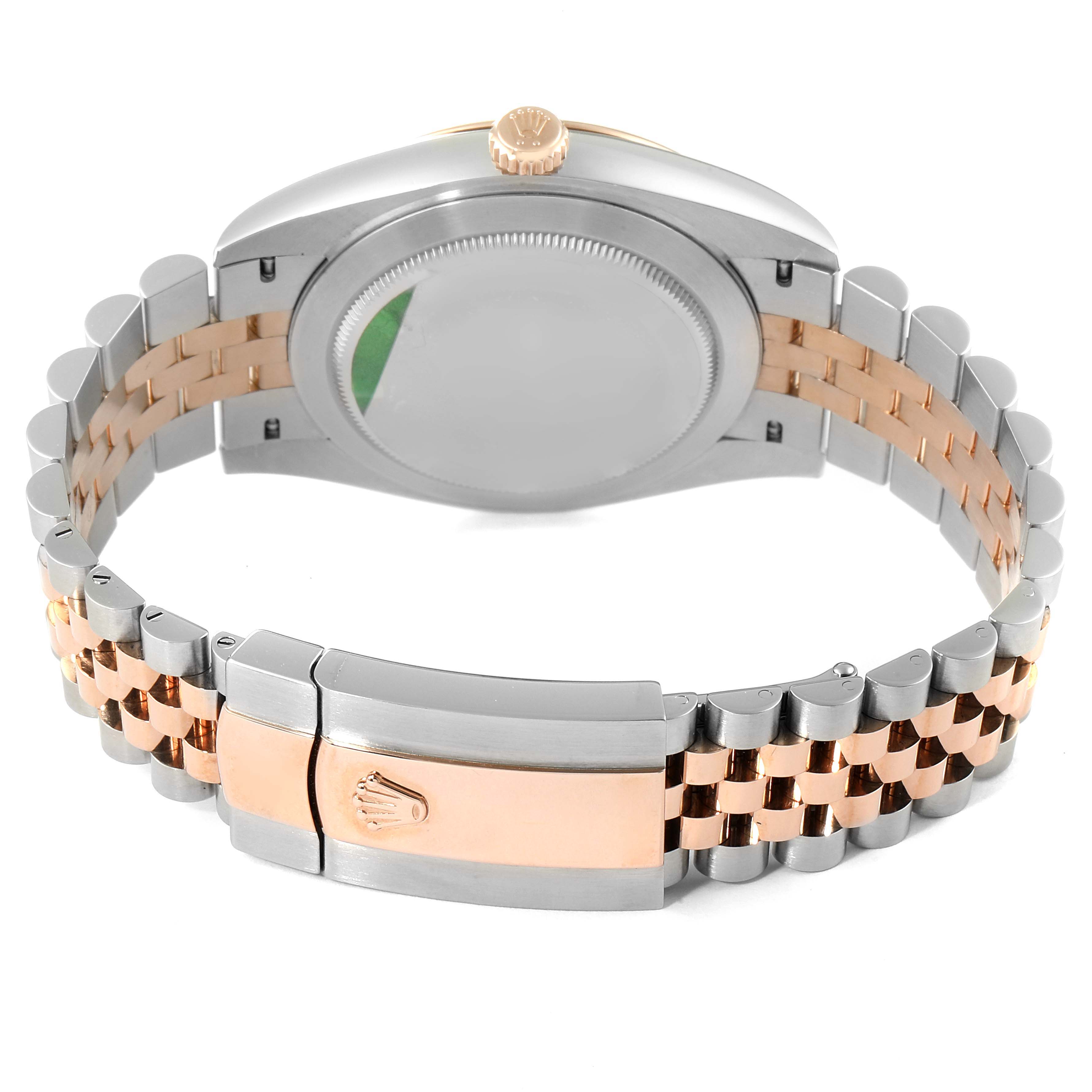 The image shows the back view of a Rolex Datejust 41 126331 Men's Steel and Gold (two tone) Brown Dial 126331 Men's Steel and Gold (two tone) Brown Dial watch, highlighting the case back, bracelet, and clasp.