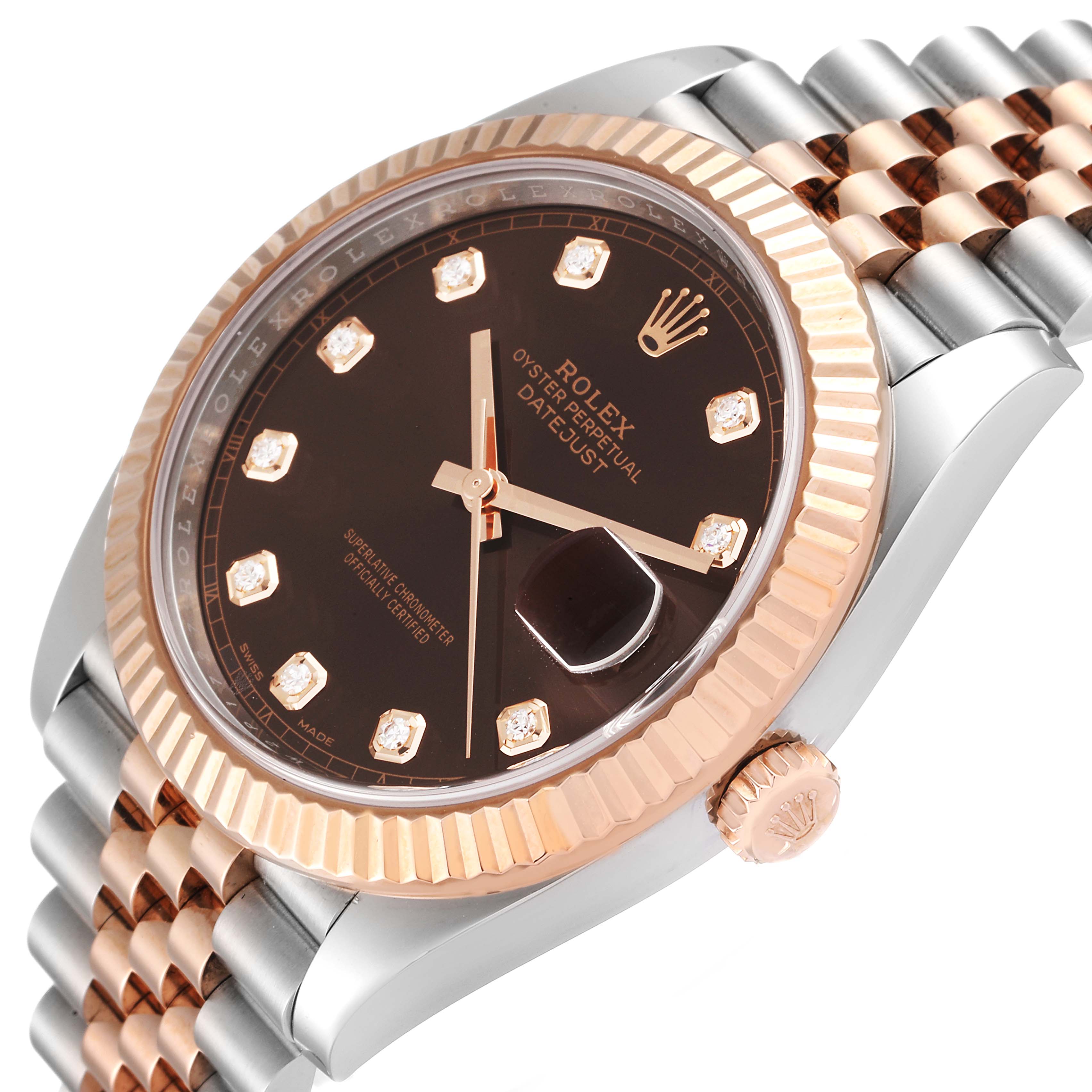 This image shows a close-up angle of the Rolex Datejust 41 126331 Men's Steel and Gold (two tone) Brown Dial 126331 Men's Steel and Gold (two tone) Brown Dial watch, highlighting its dial, fluted bezel, and Jubilee bracelet.