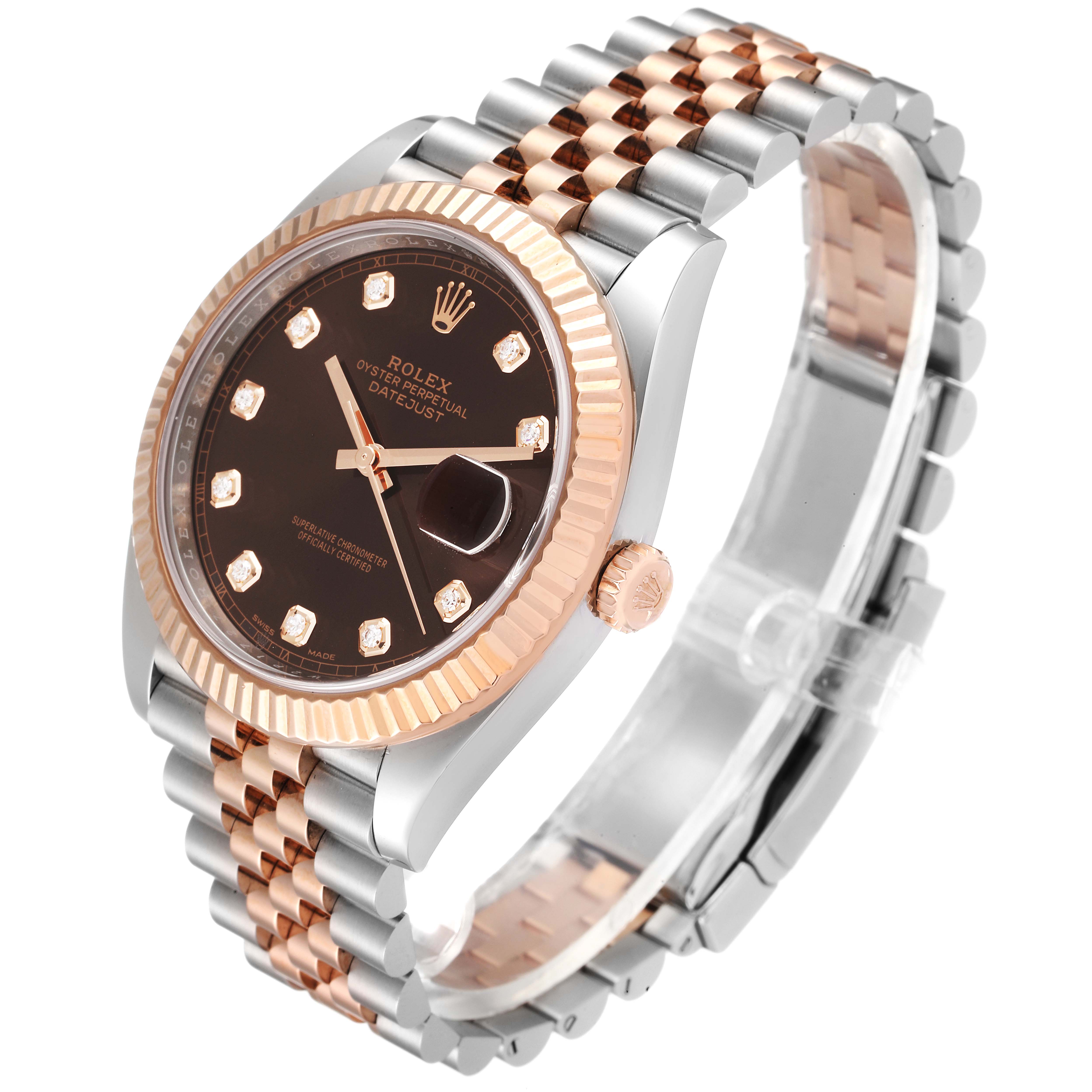 The image shows a Rolex Datejust 41 126331 Men's Steel and Gold (two tone) Brown Dial 126331 Men's Steel and Gold (two tone) Brown Dial watch at an angle highlighting the face, bezel, crown, and the Jubilee bracelet.