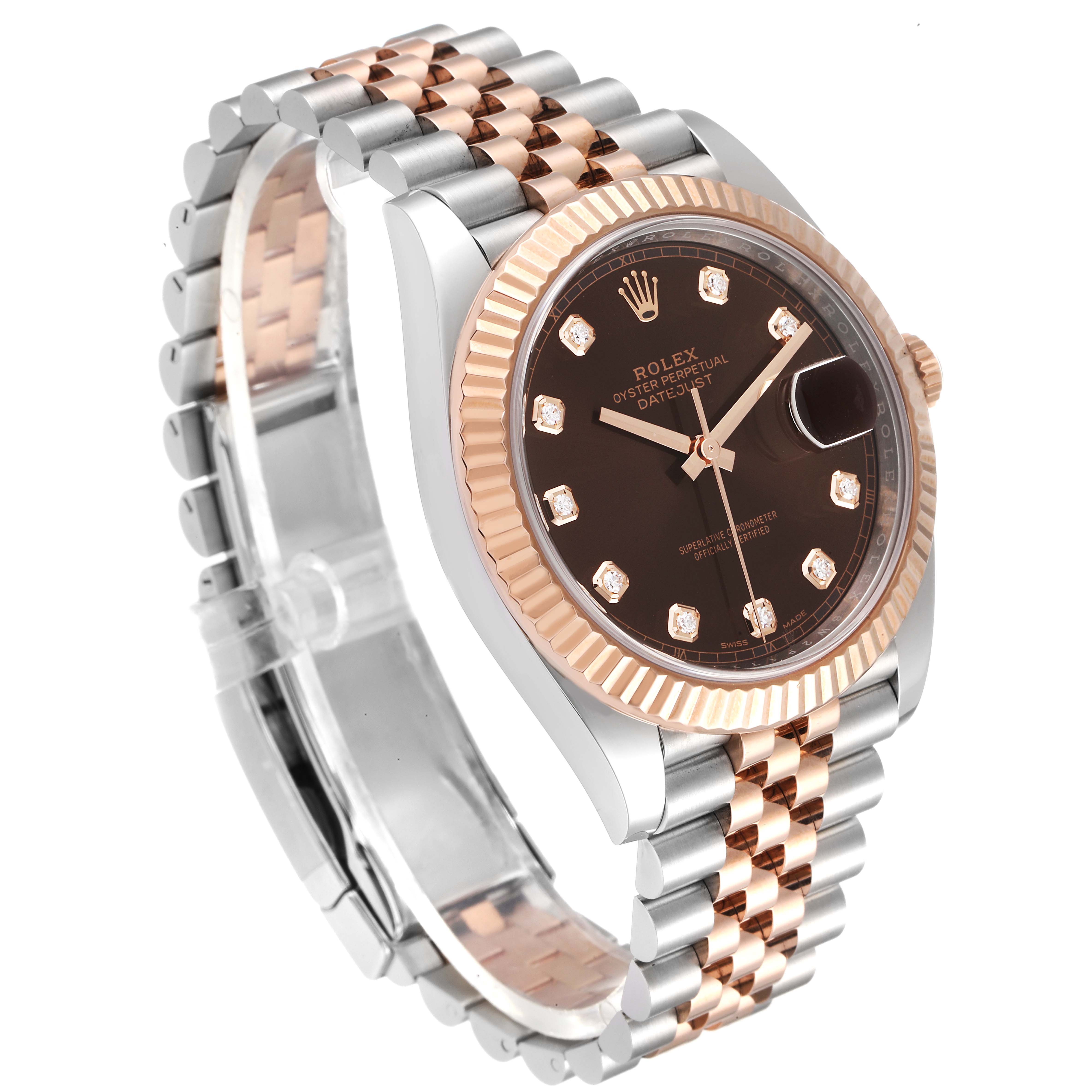 The image shows a Rolex Datejust 41 126331 Men's Steel and Gold (two tone) Brown Dial 126331 Men's Steel and Gold (two tone) Brown Dial watch at an oblique angle, highlighting its dial, bezel, and bracelet.