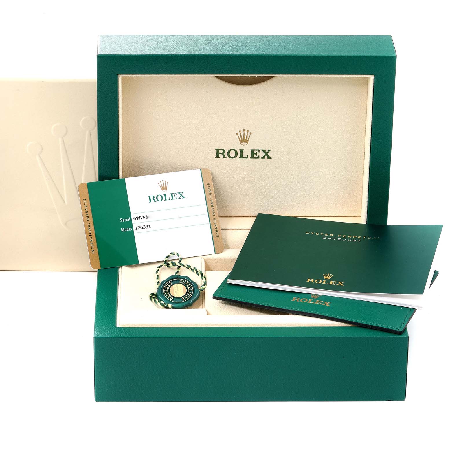 The image shows an open Rolex Datejust 41 126331 Men's Steel and Gold (two tone) Brown Dial 126331 Men's Steel and Gold (two tone) Brown Dial box, showcasing the warranty card, booklets, and a tag.