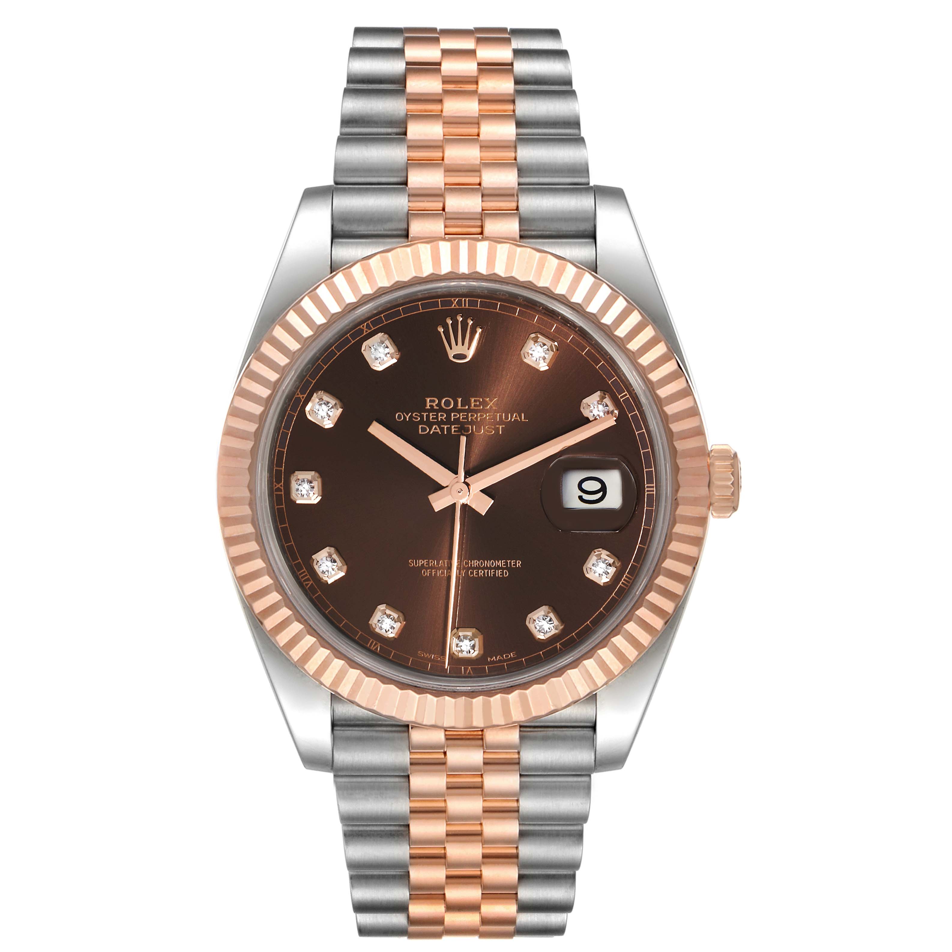 This image shows a front view of a Rolex Datejust 41 126331 Men's Steel and Gold (two tone) Brown Dial 126331 Men's Steel and Gold (two tone) Brown Dial with a two-tone bracelet and fluted bezel.