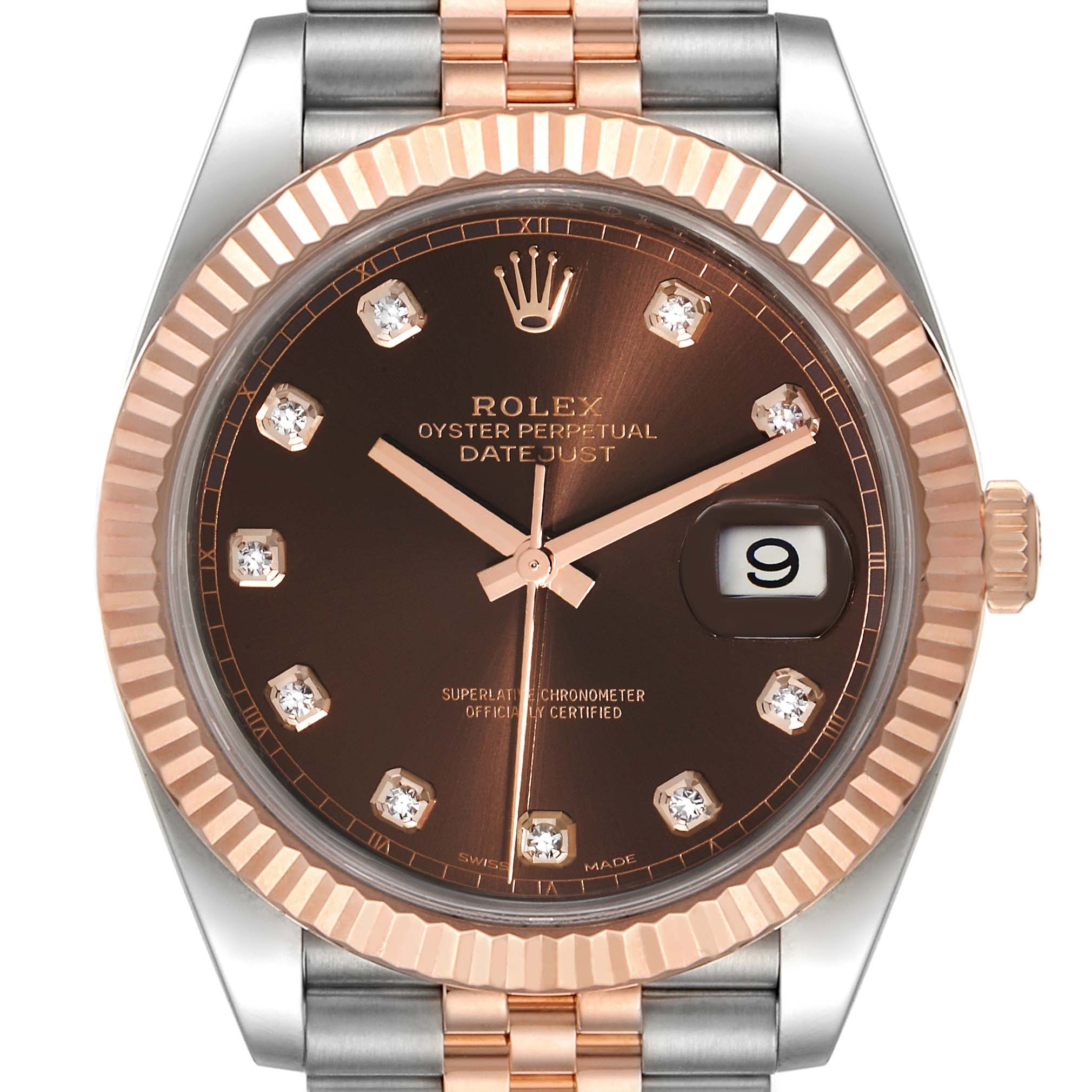 This image shows a frontal view of the Rolex Datejust 41 126331 Men's Steel and Gold (two tone) Brown Dial 126331 Men's Steel and Gold (two tone) Brown Dial watch featuring a brown dial with diamond hour markers and a two-tone bracelet.