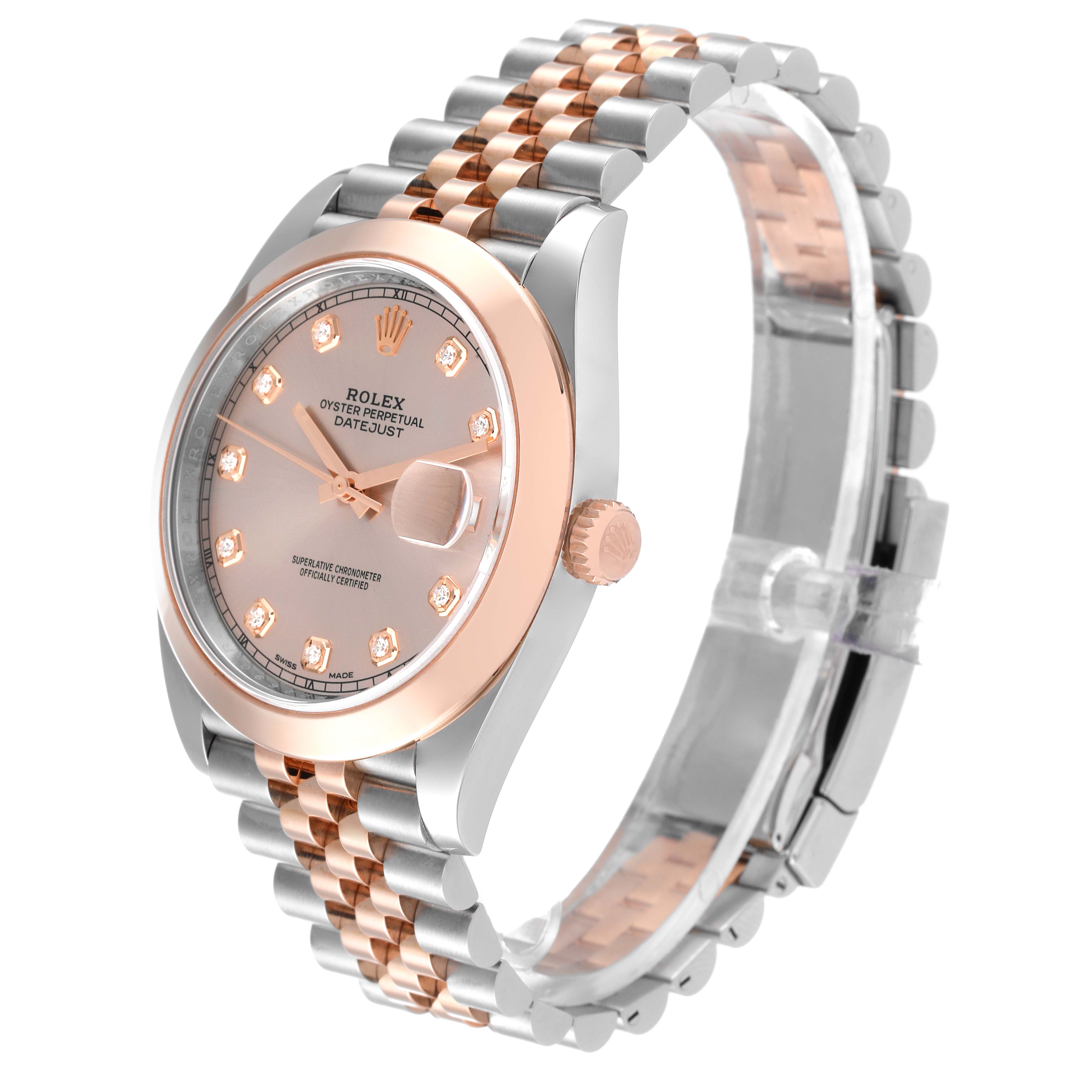 The Rolex Datejust 41 126301 Men's Steel and Gold (two tone) Pink Dial 126301 Men's Steel and Gold (two tone) Pink Dial model is shown at an angled side view, focusing on the watch face and jubilee bracelet.