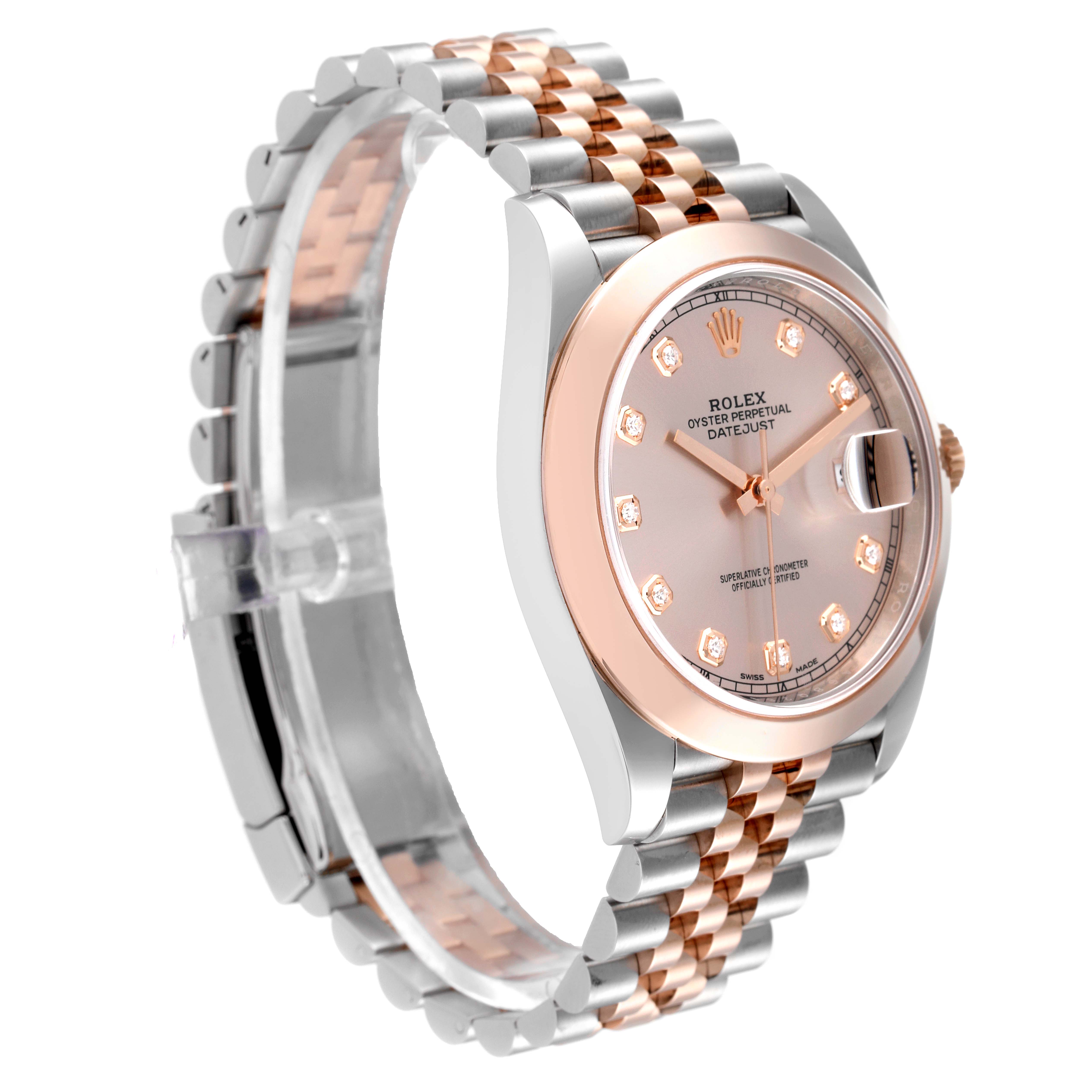 The image shows a side angle of the Rolex Datejust 41 126301 Men's Steel and Gold (two tone) Pink Dial 126301 Men's Steel and Gold (two tone) Pink Dial, highlighting its diamond dial, two-tone bracelet, and cyclops date window.