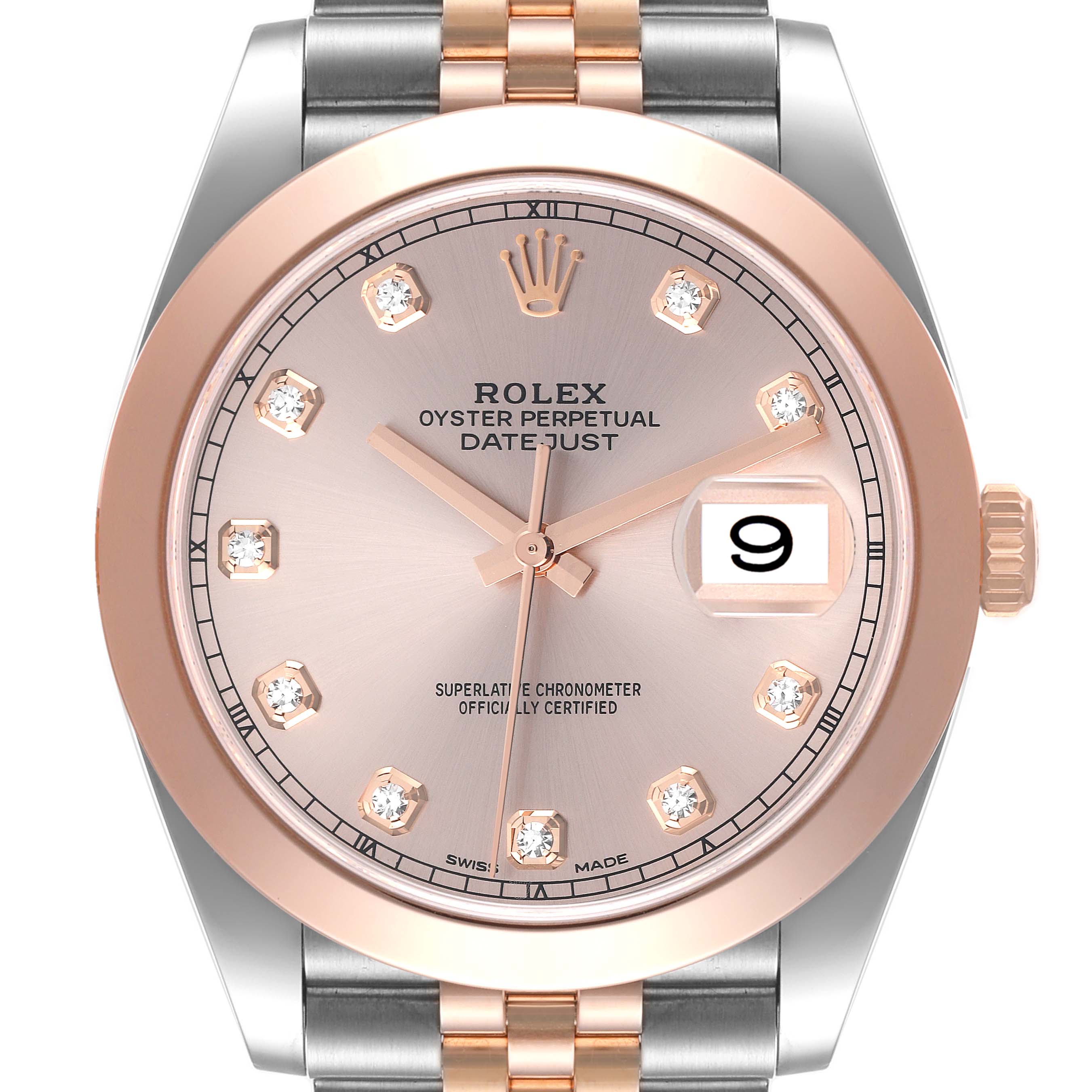 The image shows a frontal view of the Rolex Datejust 41 126301 Men's Steel and Gold (two tone) Pink Dial 126301 Men's Steel and Gold (two tone) Pink Dial, highlighting the dial, bezel, crown, and part of the bracelet.