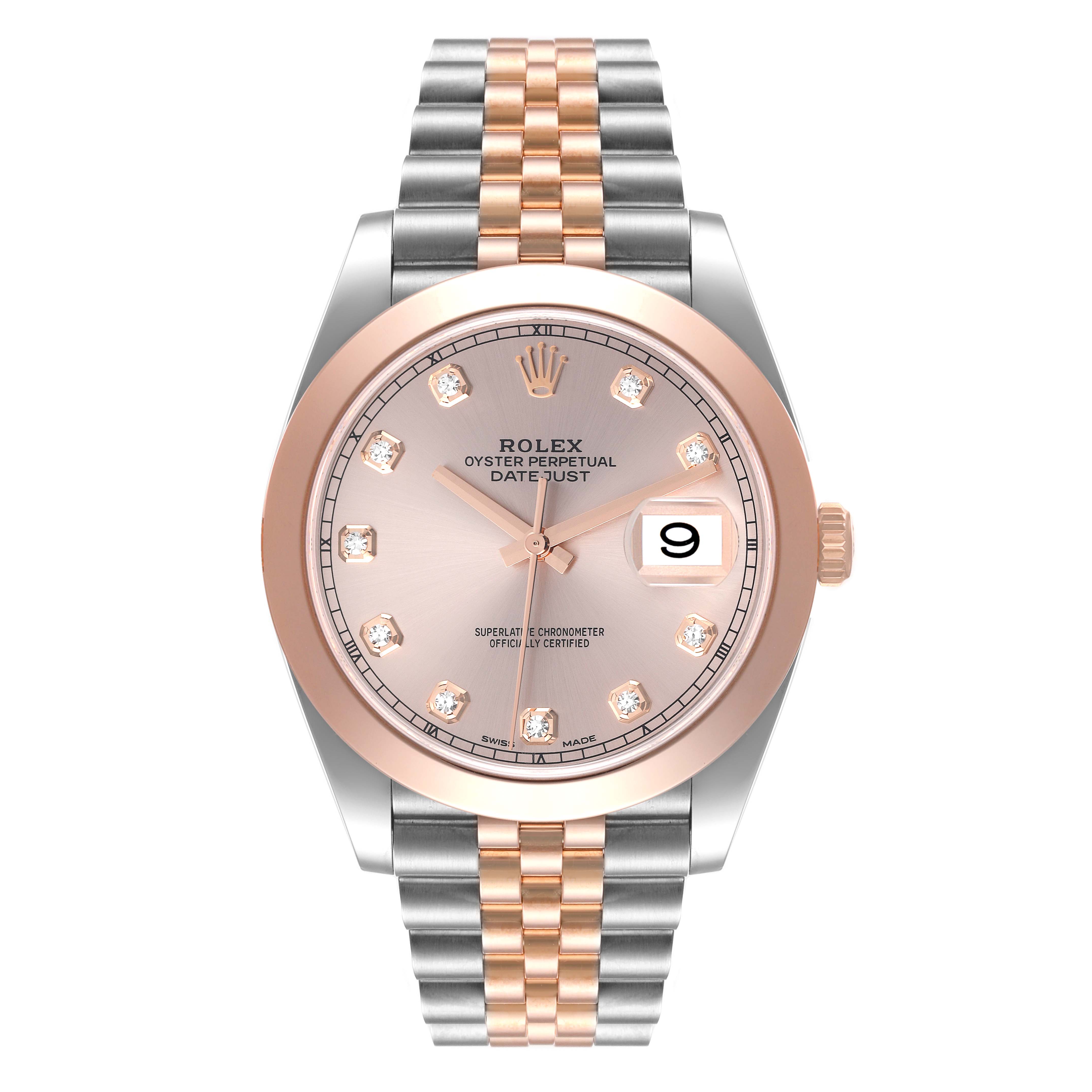 The image shows a front view of a Rolex Datejust 41 126301 Men's Steel and Gold (two tone) Pink Dial 126301 Men's Steel and Gold (two tone) Pink Dial model watch, featuring a two-tone bracelet and a date window.