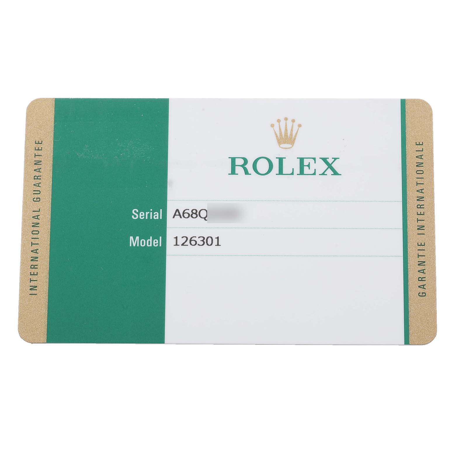 The image shows the international guarantee card for the Rolex Datejust 41 126301 Men's Steel and Gold (two tone) Pink Dial 126301 Men's Steel and Gold (two tone) Pink Dial model 126301 from a top-down angle.