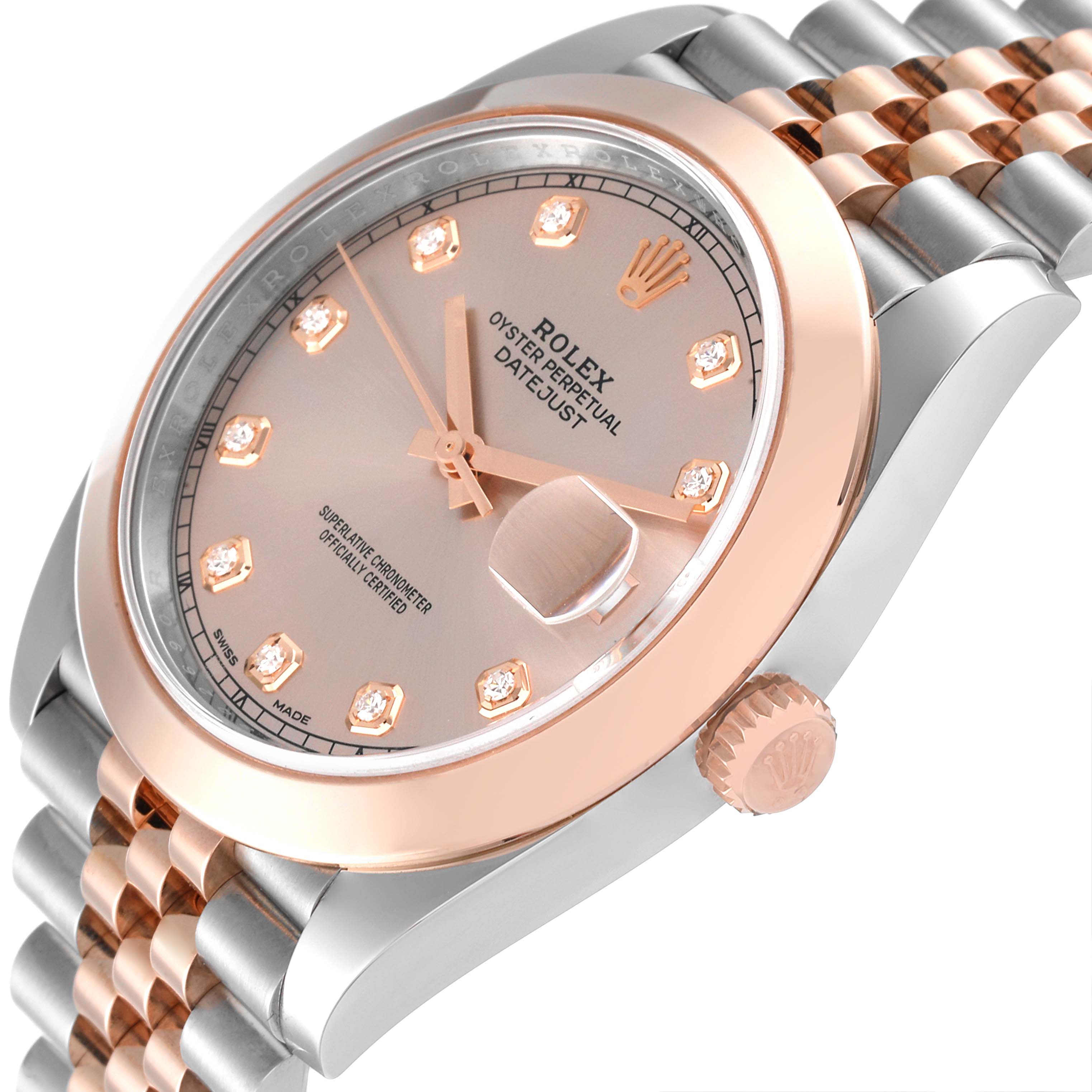 The image shows a close-up side angle of the Rolex Datejust 41 126301 Men's Steel and Gold (two tone) Pink Dial 126301 Men's Steel and Gold (two tone) Pink Dial, highlighting the rose gold bezel, crown, and two-tone bracelet.