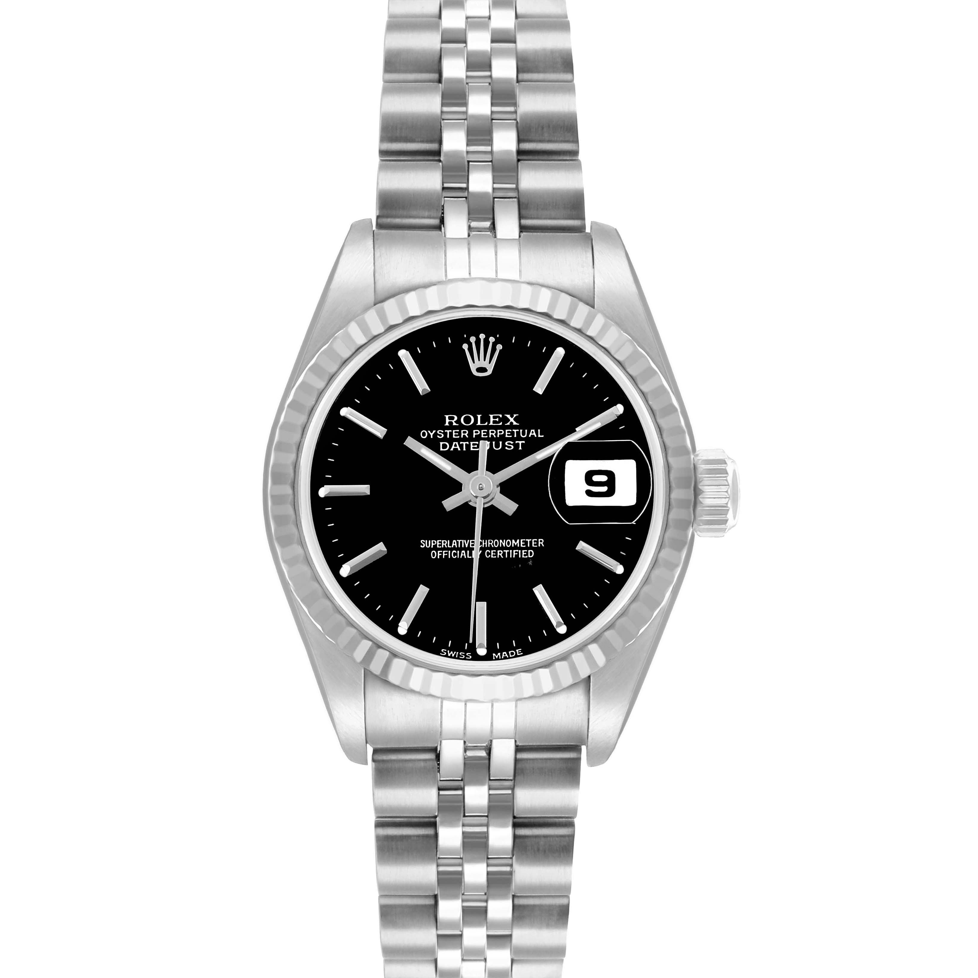 The Rolex Datejust 79174 Women
s Stainless Steel Black Dial is shown from a front angle, displaying the dial, bracelet, and date feature.