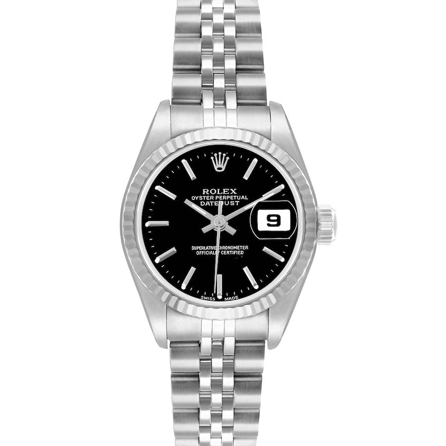 The Rolex Datejust 79174 Women's Stainless Steel Black Dial is shown from a front angle, displaying the dial, bracelet, and date feature.