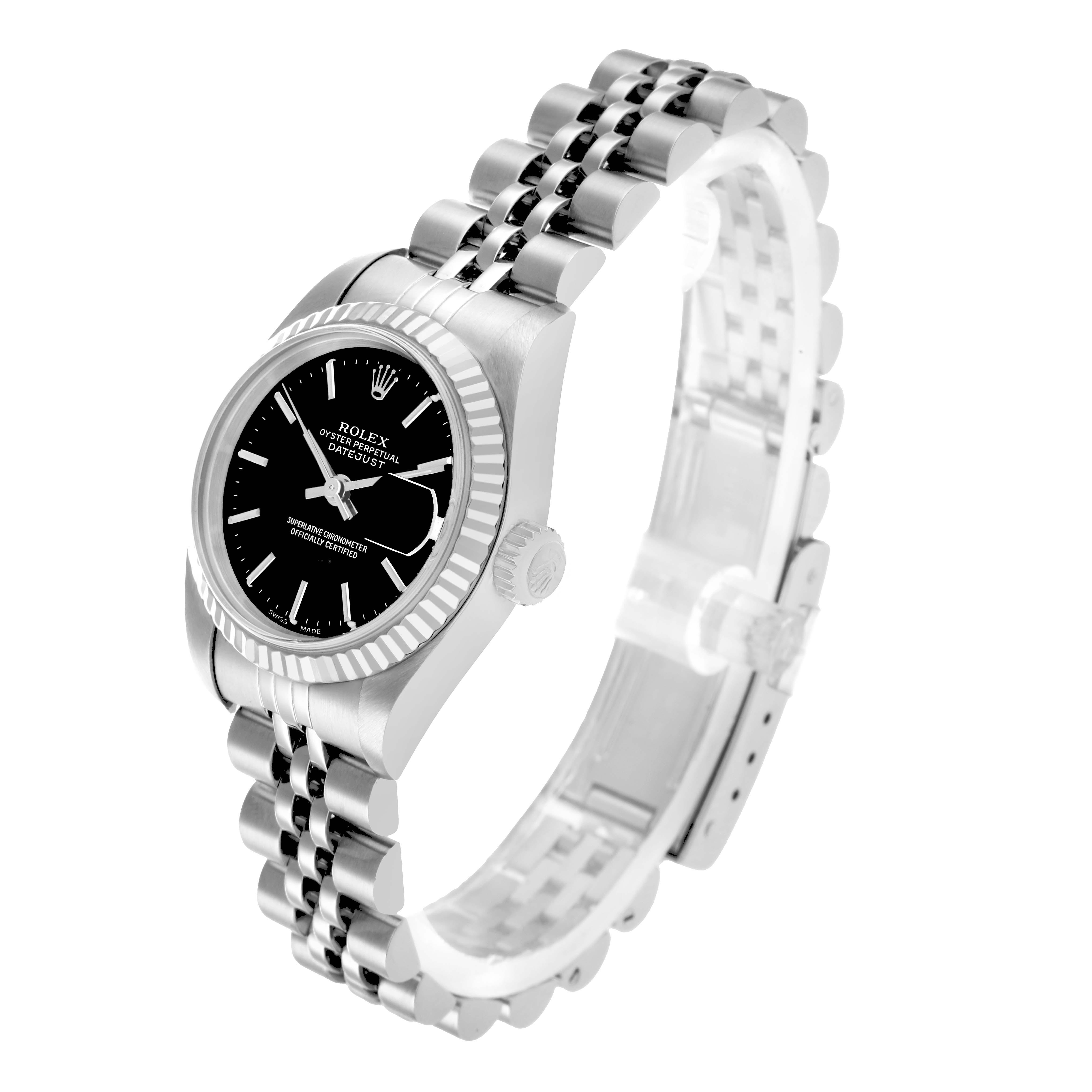 The Rolex Datejust 79174 Women
s Stainless Steel Black Dial watch is shown at a three-quarter angle, displaying its black dial, fluted bezel, and jubilee bracelet.