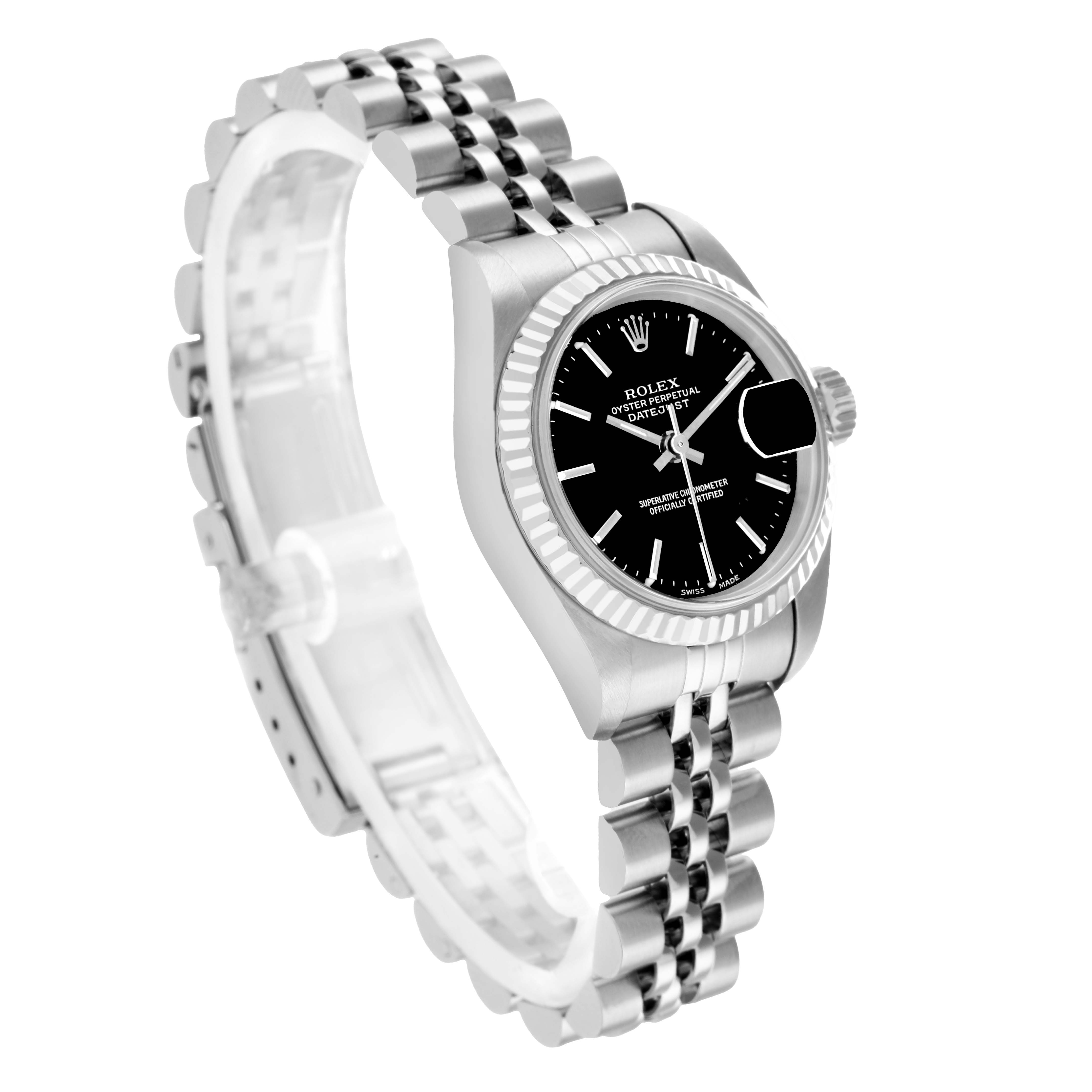 The Rolex Datejust 79174 Women
s Stainless Steel Black Dial watch is shown at a slight side angle, highlighting the dial, fluted bezel, and bracelet.