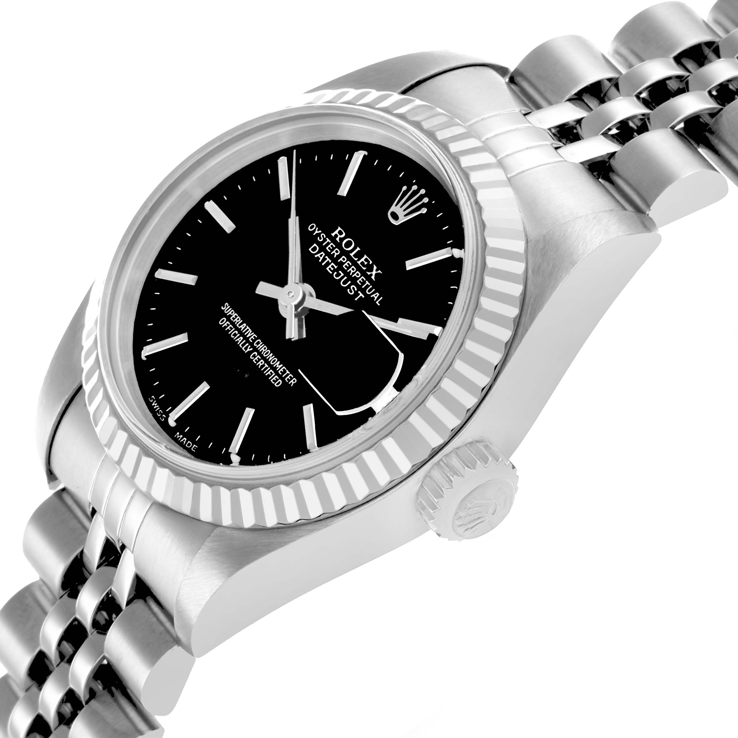 The image shows a side angle view of a Rolex Datejust 79174 Women
s Stainless Steel Black Dial, highlighting its dial, bezel, crown, and part of the bracelet.