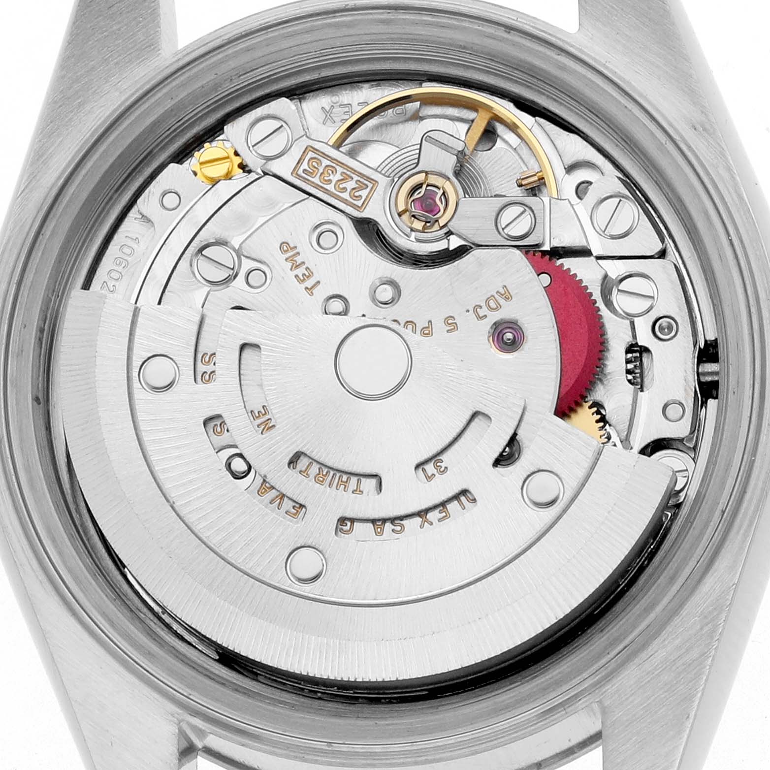 The image shows a close-up of the movement inside the Rolex Datejust 79174 Women
s Stainless Steel Black Dial, highlighting gears and the rotor.