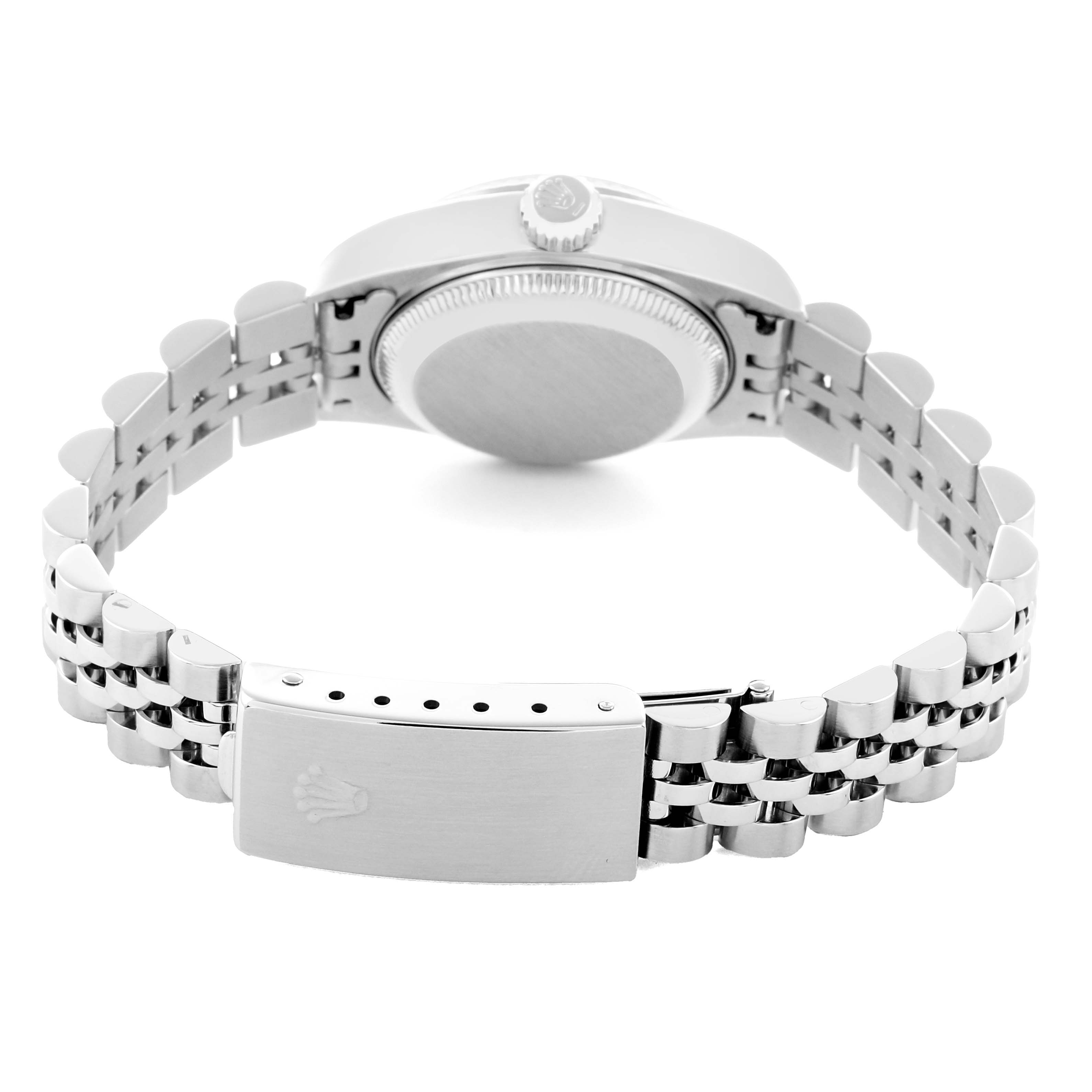 The image shows the back view of a Rolex Datejust 79174 Women
s Stainless Steel Black Dial watch, focusing on the clasp, bracelet, and case back.