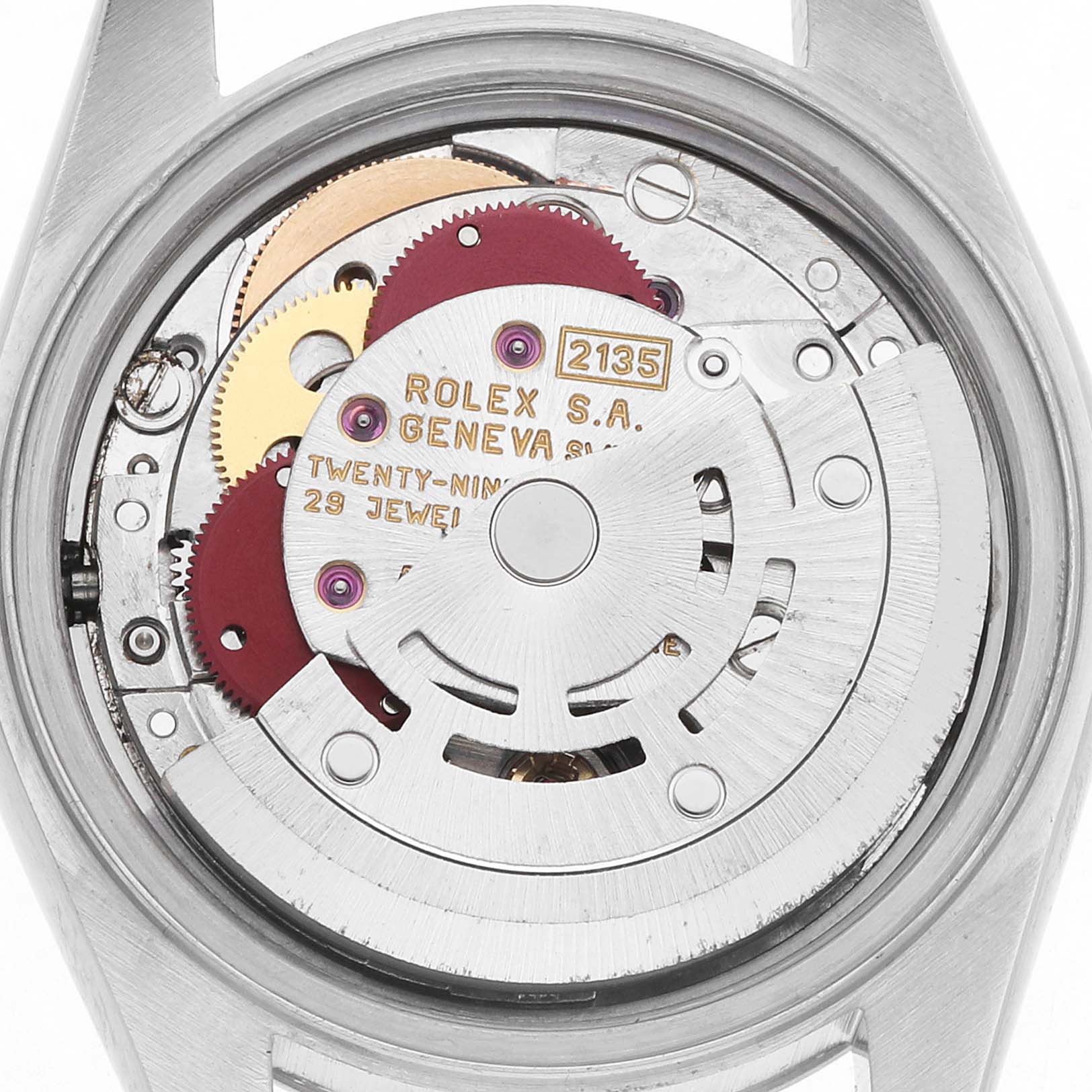 The image shows the back view of a Rolex Datejust 69173 Men
s Steel and Gold (two tone) Blue Dial, revealing the movement and internal components.