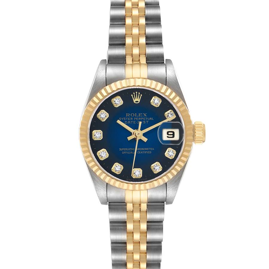 The Rolex Datejust 69173 Men's Steel and Gold (two tone) Blue Dial watch is shown from the front, highlighting its blue dial, gold bezel, and two-tone bracelet.