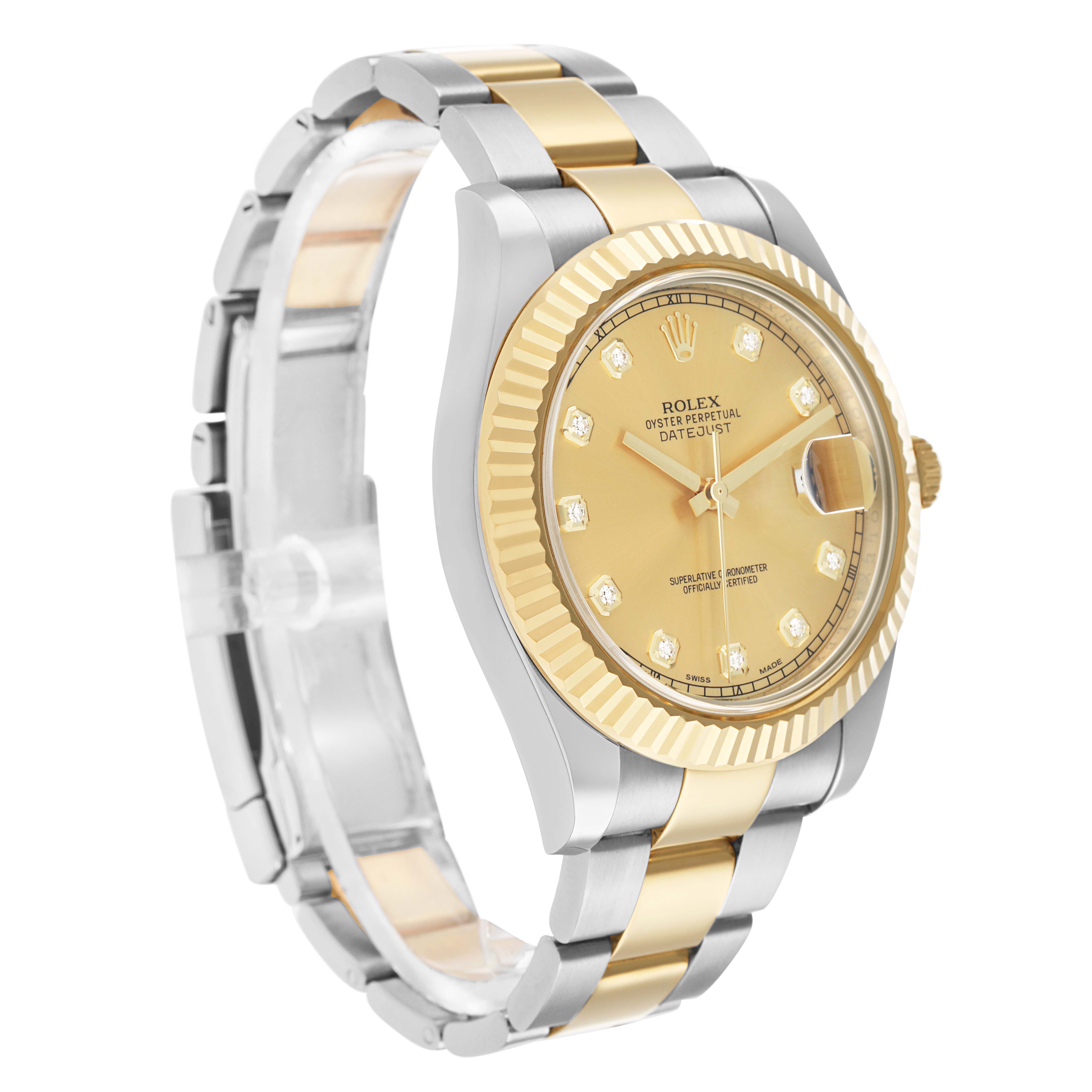 The Rolex Datejust 41 116333 Men
s Steel and Gold (two tone) Champagne Dial is shown at a 3/4 angle, displaying the face, bezel, and part of the bracelet.