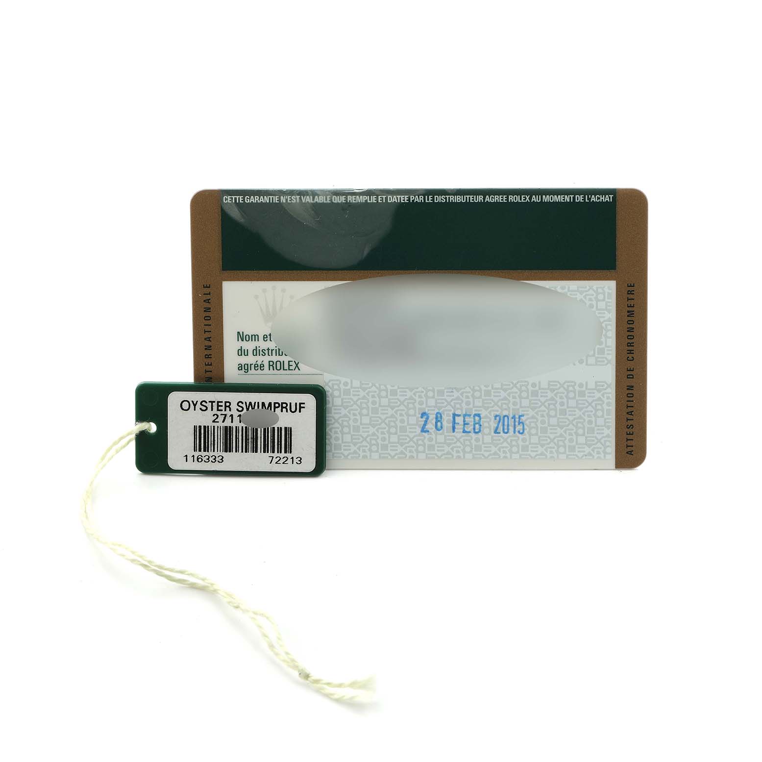The image shows a warranty card and a hang tag for the Rolex Datejust 41 116333 Men
s Steel and Gold (two tone) Champagne Dial.