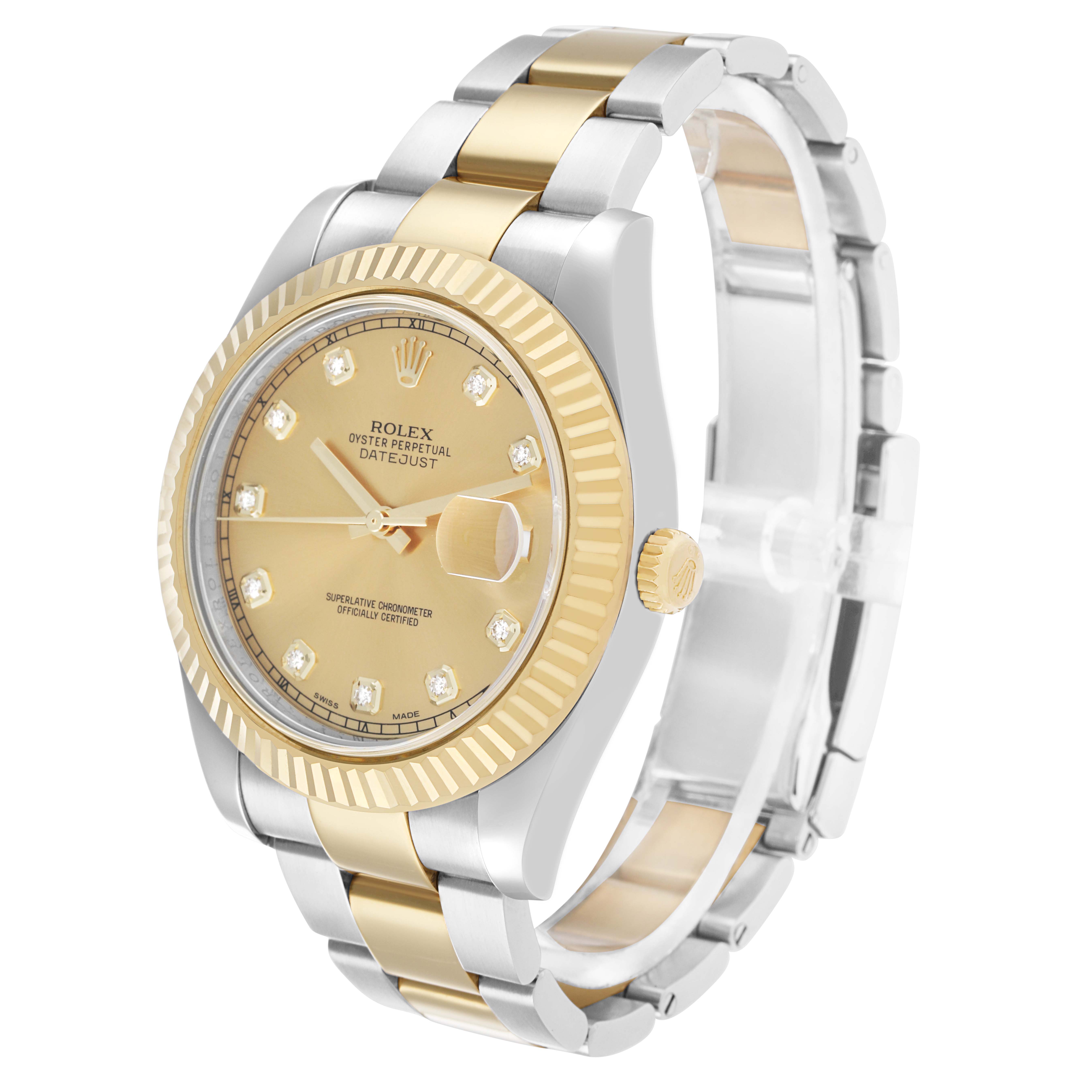 The Rolex Datejust 41 116333 Men
s Steel and Gold (two tone) Champagne Dial is shown at an oblique angle, highlighting its gold and silver bracelet, fluted bezel, and champagne dial.