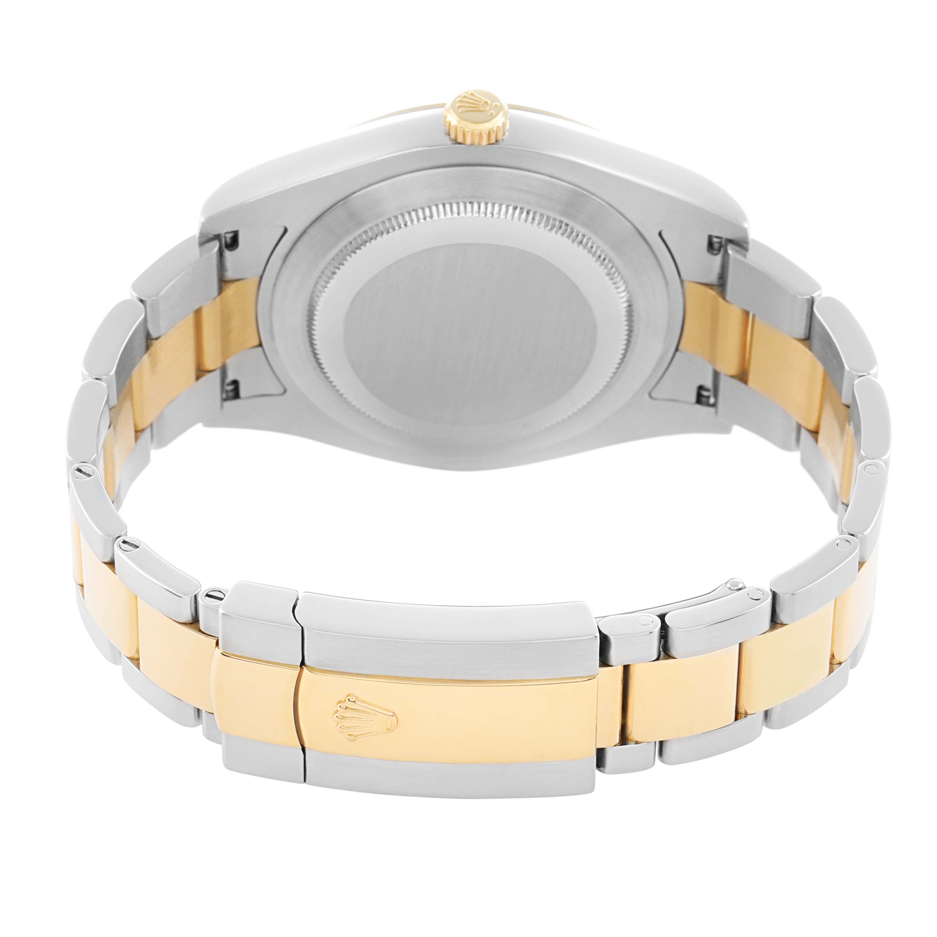 The image shows the back of a Rolex Datejust 41 116333 Men
s Steel and Gold (two tone) Champagne Dial watch, highlighting the clasp and two-tone bracelet.
