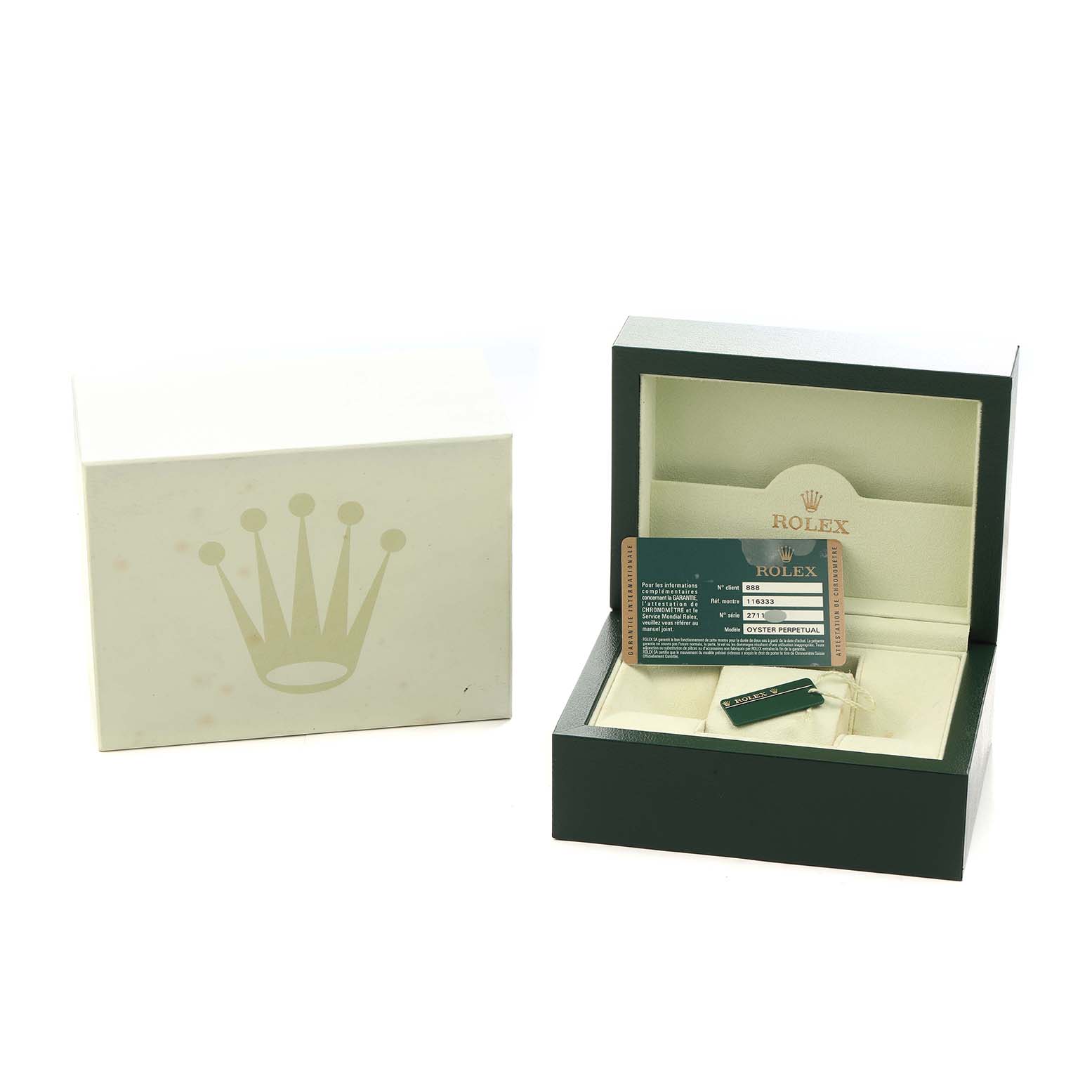 The image shows a Rolex Datejust 41 116333 Men
s Steel and Gold (two tone) Champagne Dial box and accessories, including the warranty card and tag, from a top-front angle.