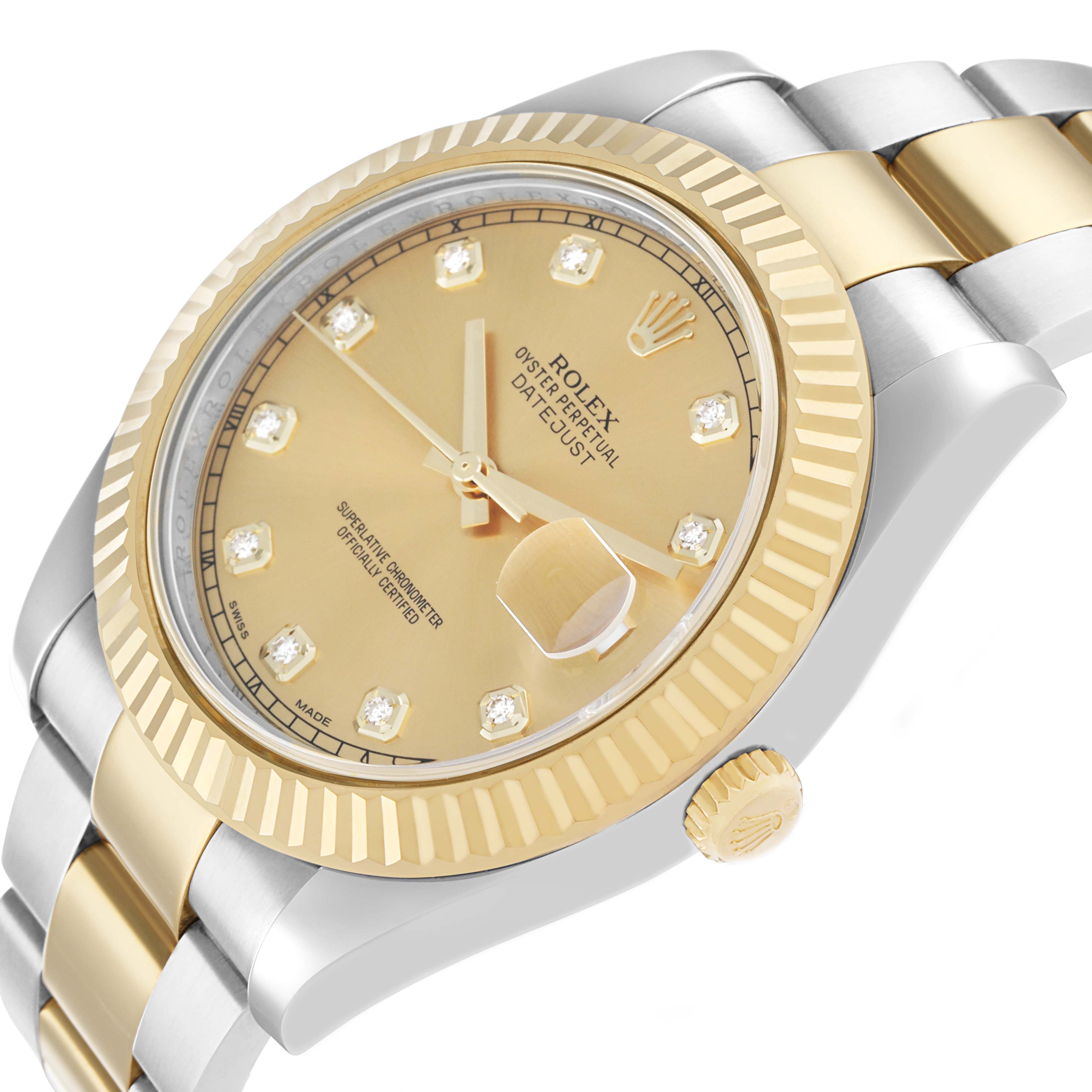 The Rolex Datejust 41 116333 Men
s Steel and Gold (two tone) Champagne Dial is shown at an angle highlighting the gold dial, bezel, crown, and part of the two-tone bracelet.