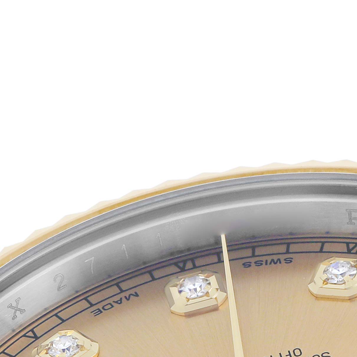 The image shows a close-up of the Rolex Datejust 41 116333 Men
s Steel and Gold (two tone) Champagne Dial, highlighting the dial with diamond hour markers and part of the bezel.
