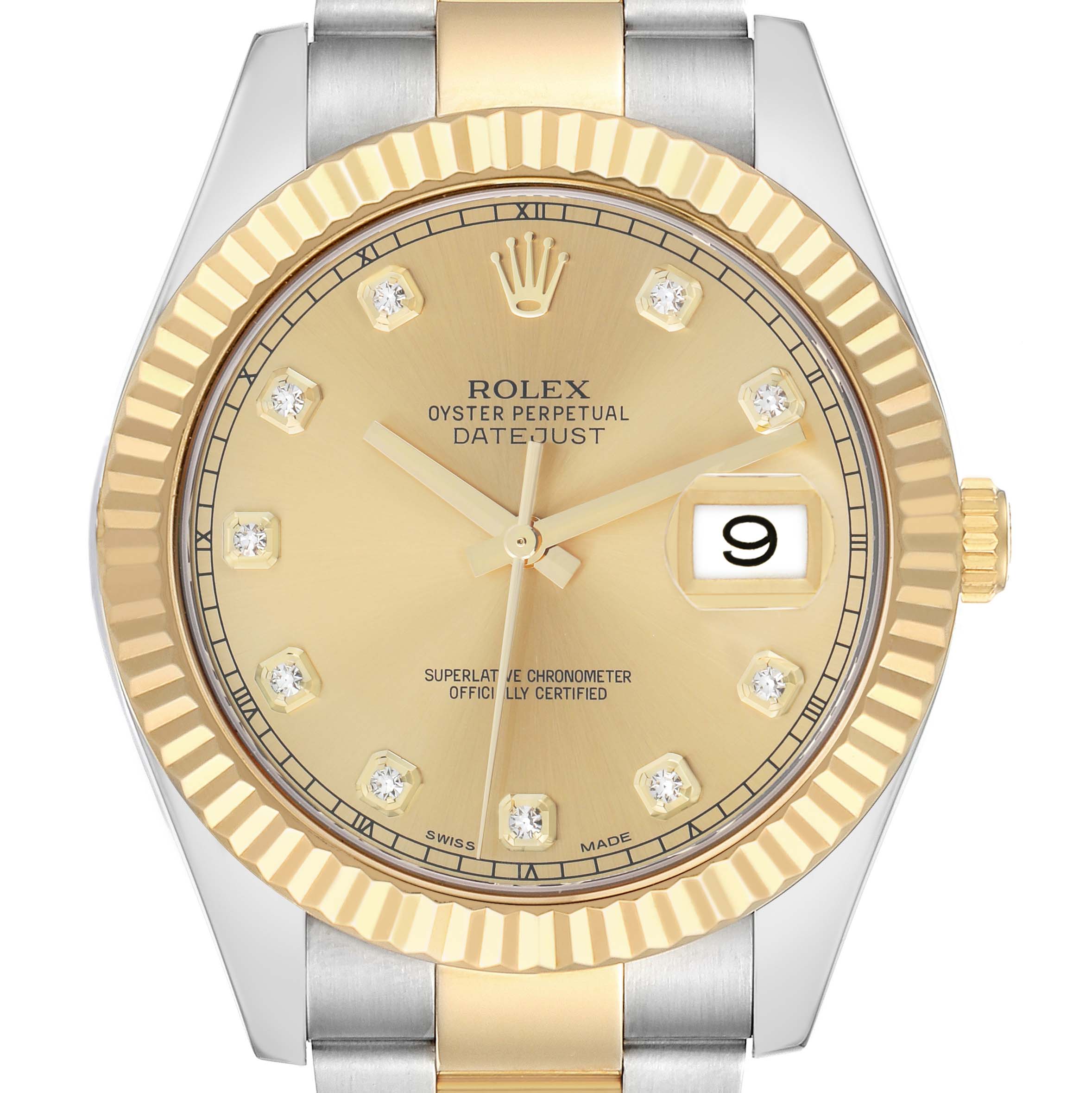 The Rolex Datejust 41 116333 Men
s Steel and Gold (two tone) Champagne Dial is shown from the front, displaying the golden dial, fluted bezel, and partial bracelet.