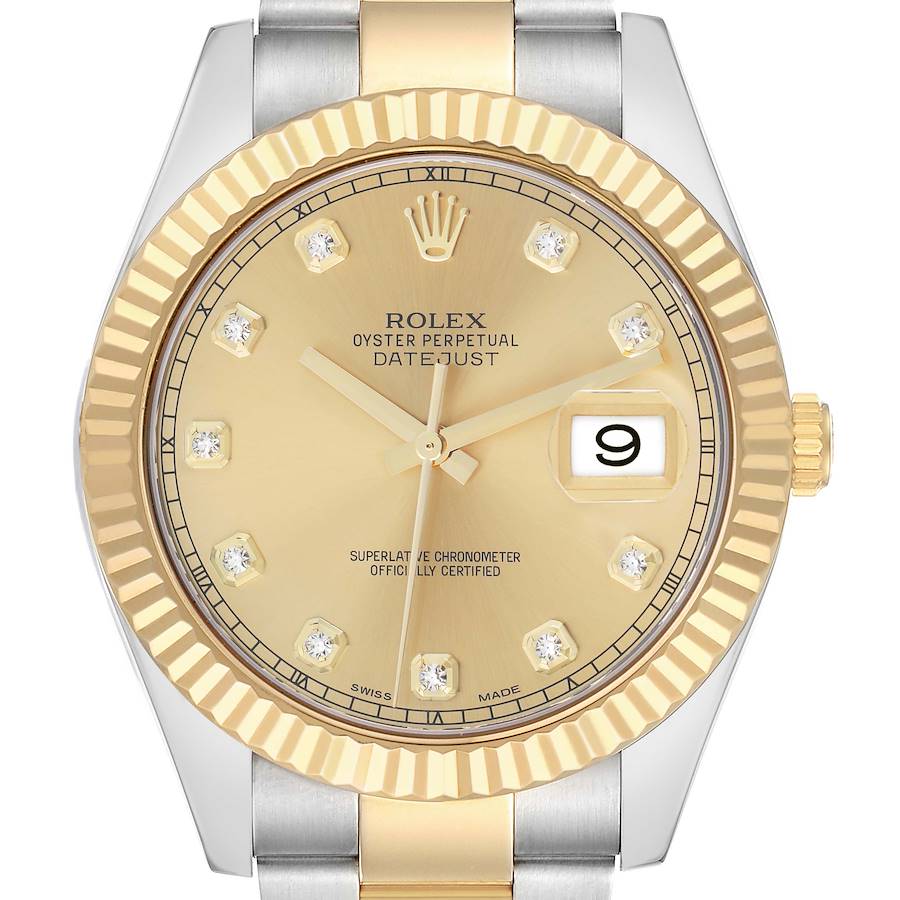 The Rolex Datejust 41 116333 Men's Steel and Gold (two tone) Champagne Dial is shown from the front, displaying the golden dial, fluted bezel, and partial bracelet.