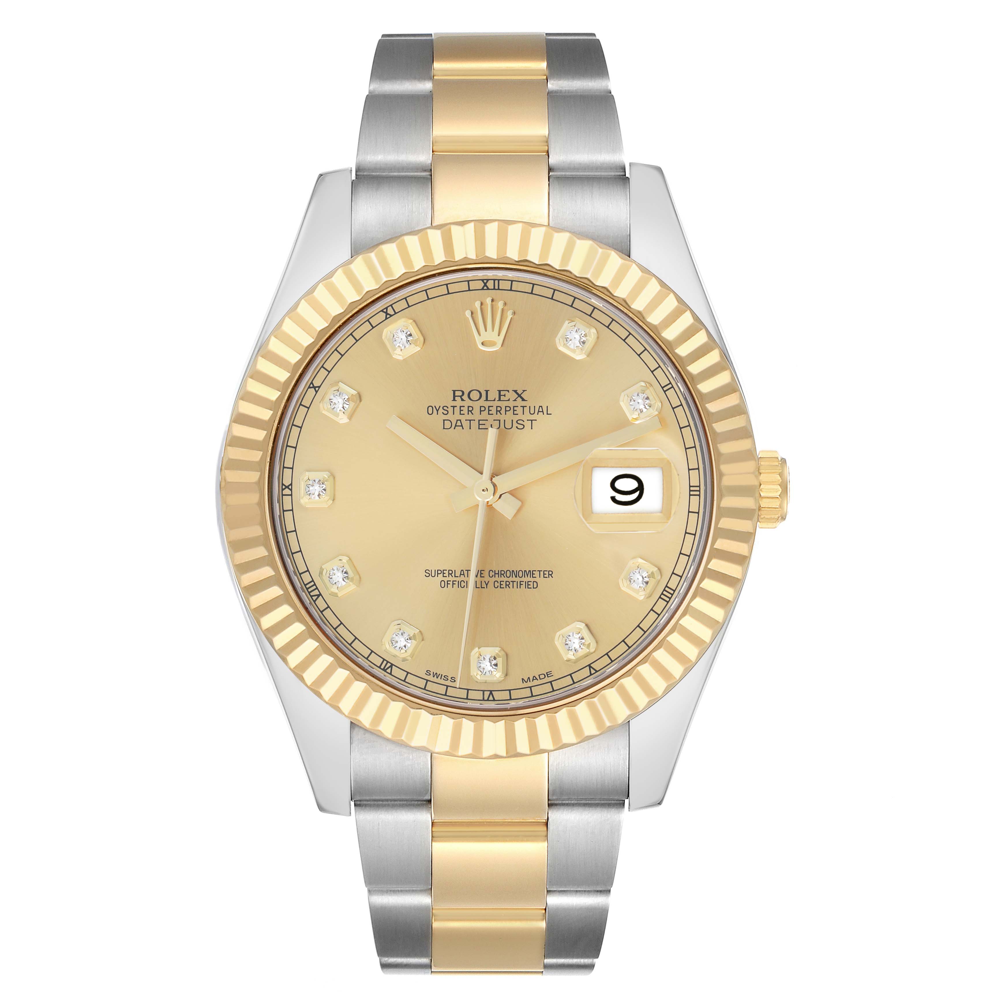 The Rolex Datejust 41 116333 Men
s Steel and Gold (two tone) Champagne Dial watch is shown from the front, featuring a gold bezel, champagne dial, and two-tone bracelet.