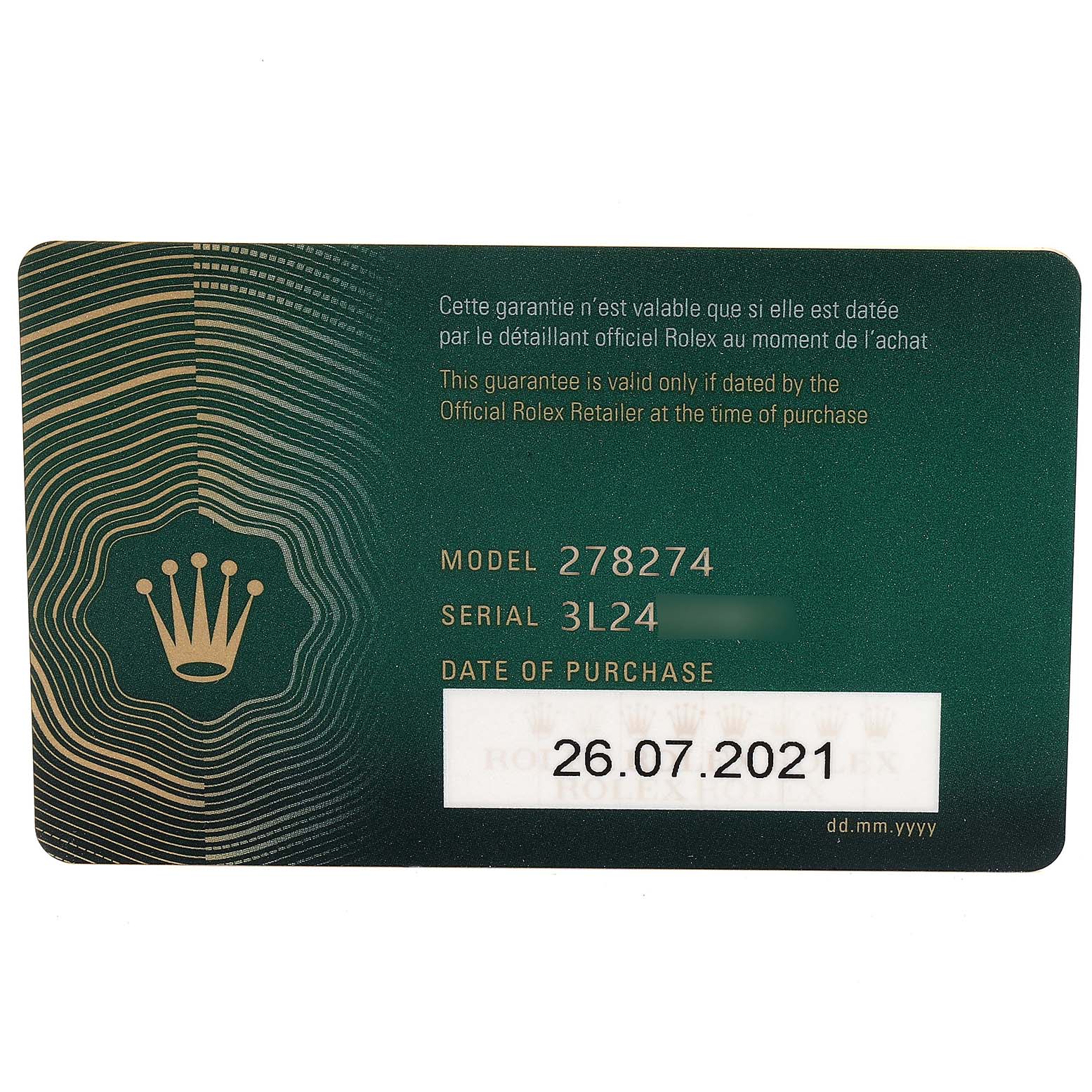 This is a warranty card for a Rolex Mid-Size 278274 Women
s Stainless Steel Blue Dial 278274 Women
s Stainless Steel Blue Dial model 278274 watch, showing model number, serial number, and date of purchase.